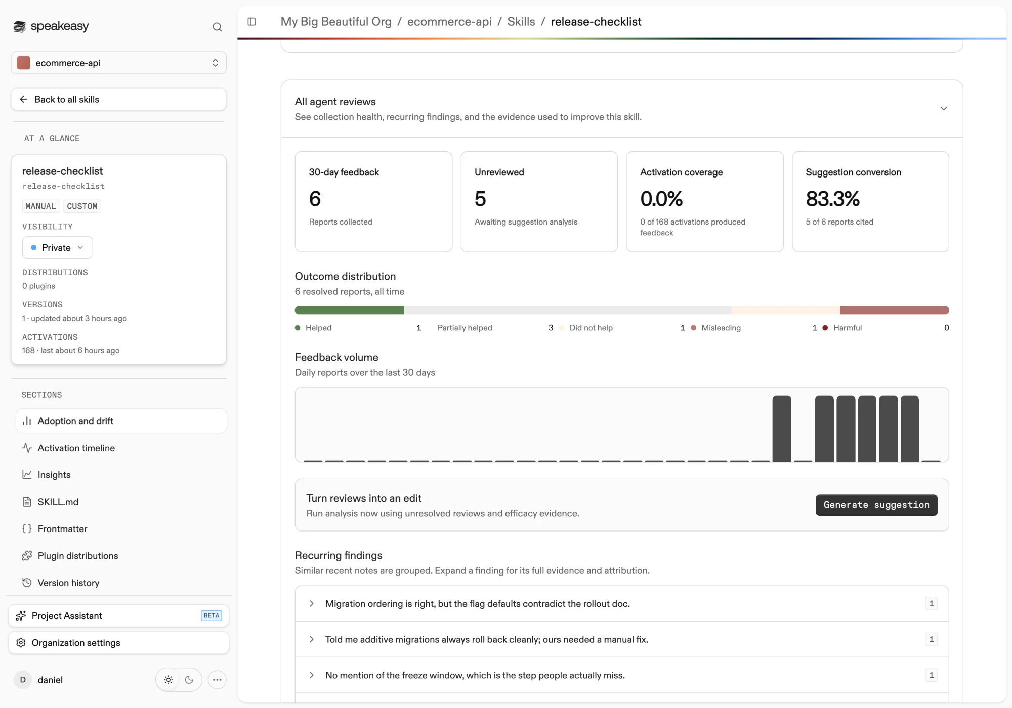 The all agent reviews section with outcome distribution, feedback volume, and recurring findings