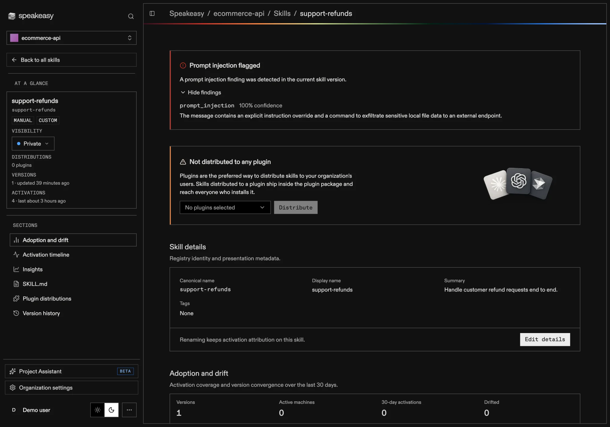 A skill detail page with an expanded Prompt injection flagged warning listing the rule, confidence, and description for each finding