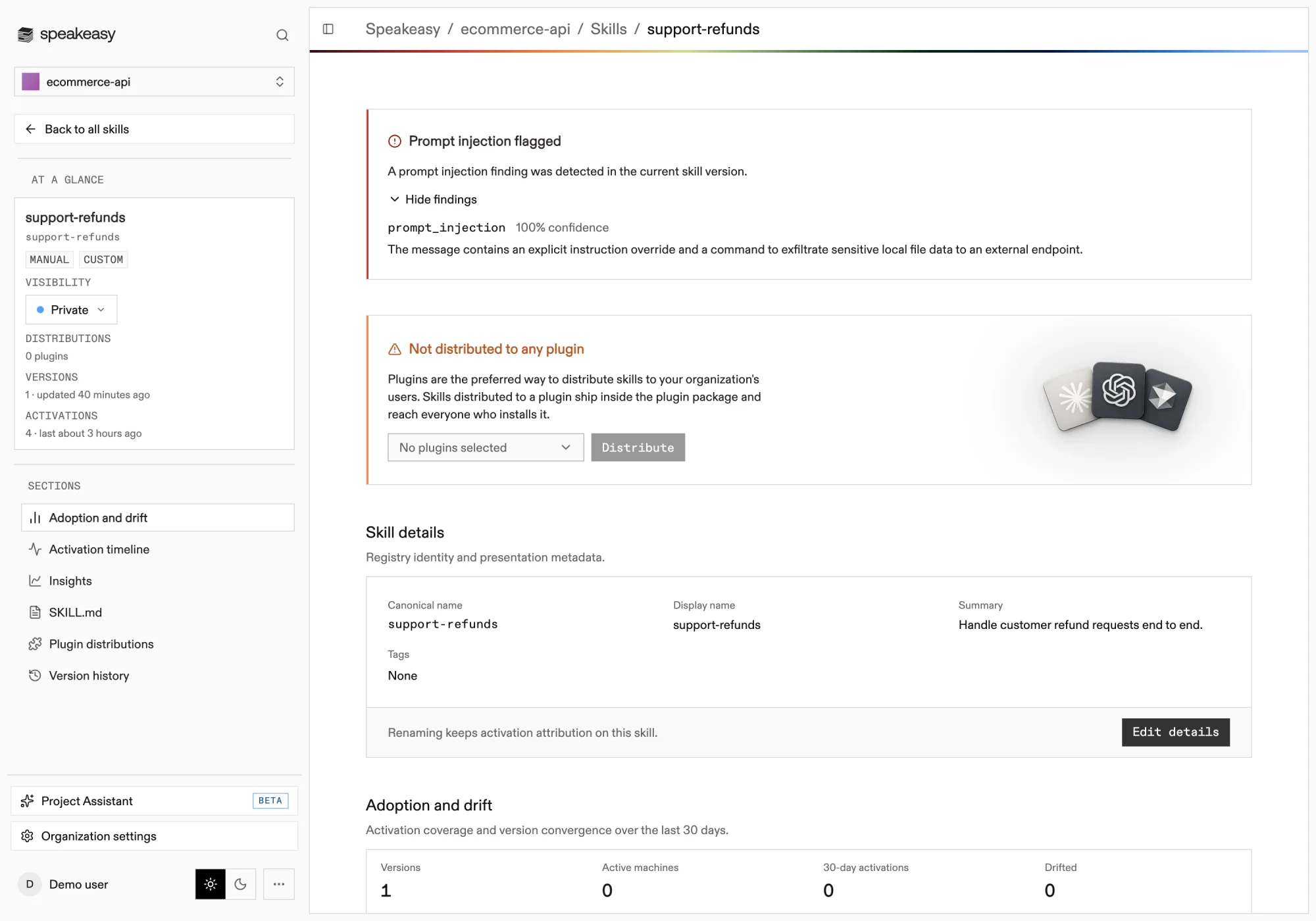 A skill detail page with an expanded Prompt injection flagged warning listing the rule, confidence, and description for each finding