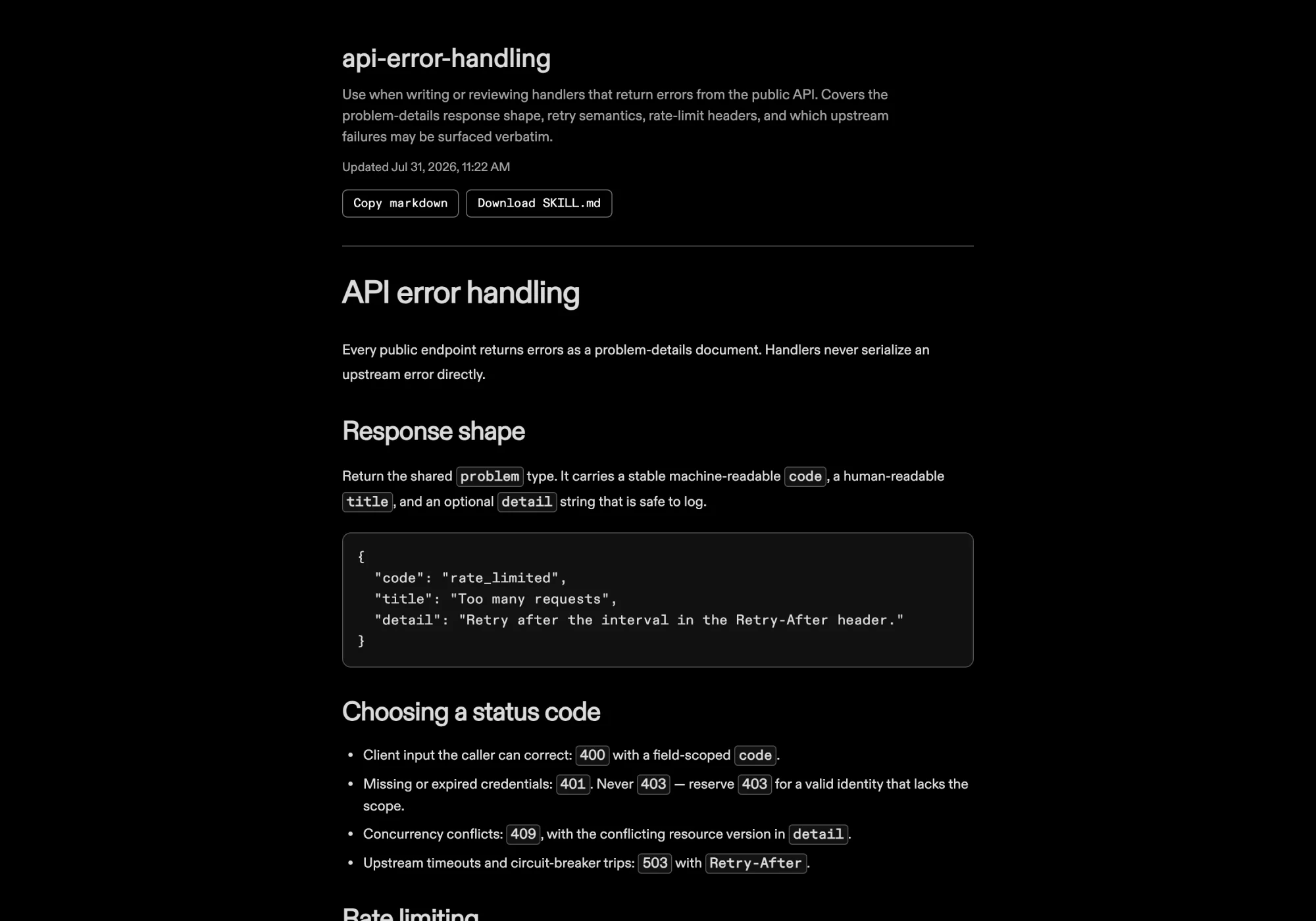 The public read-only page of a shared skill with copy and download actions