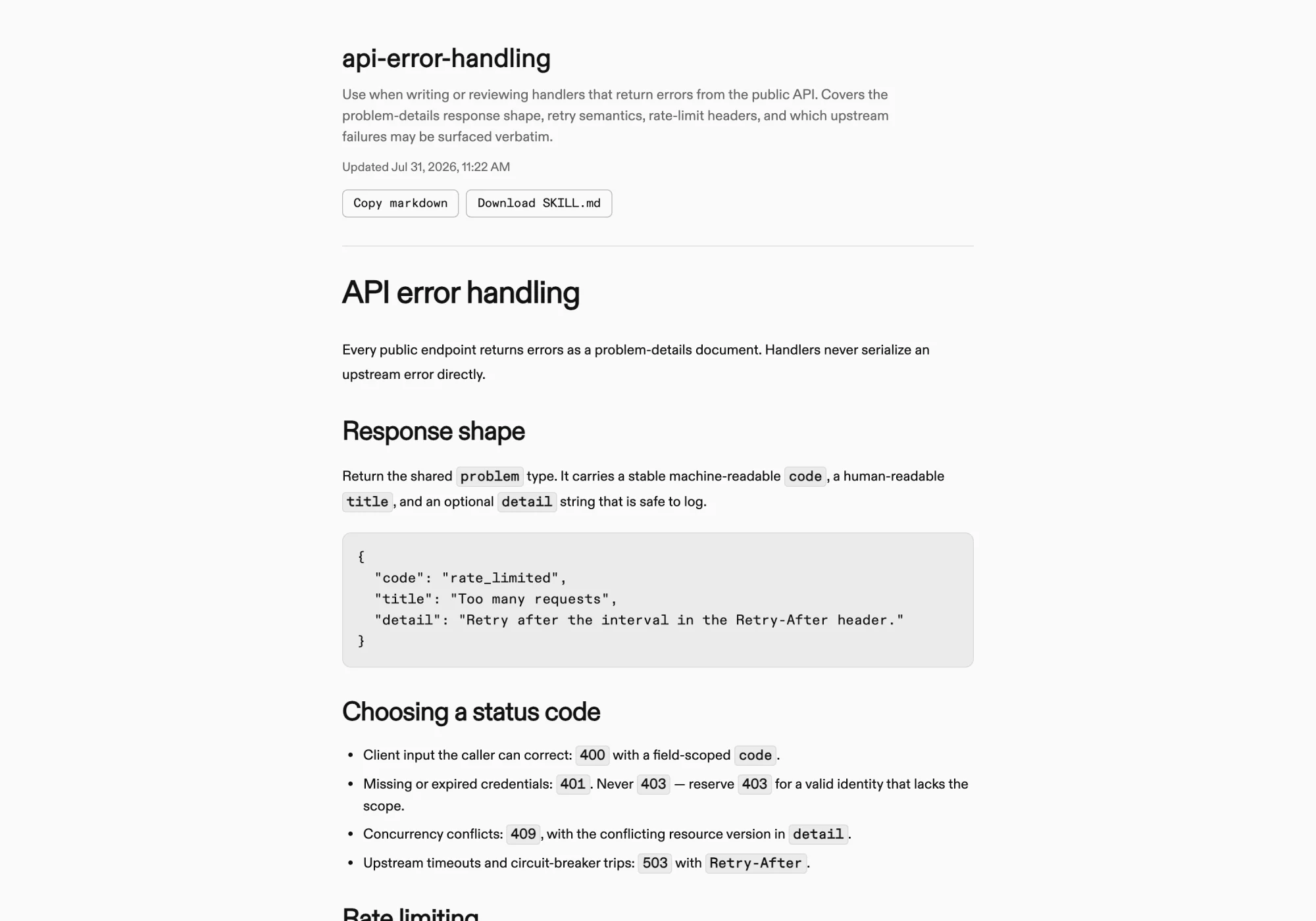 The public read-only page of a shared skill with copy and download actions