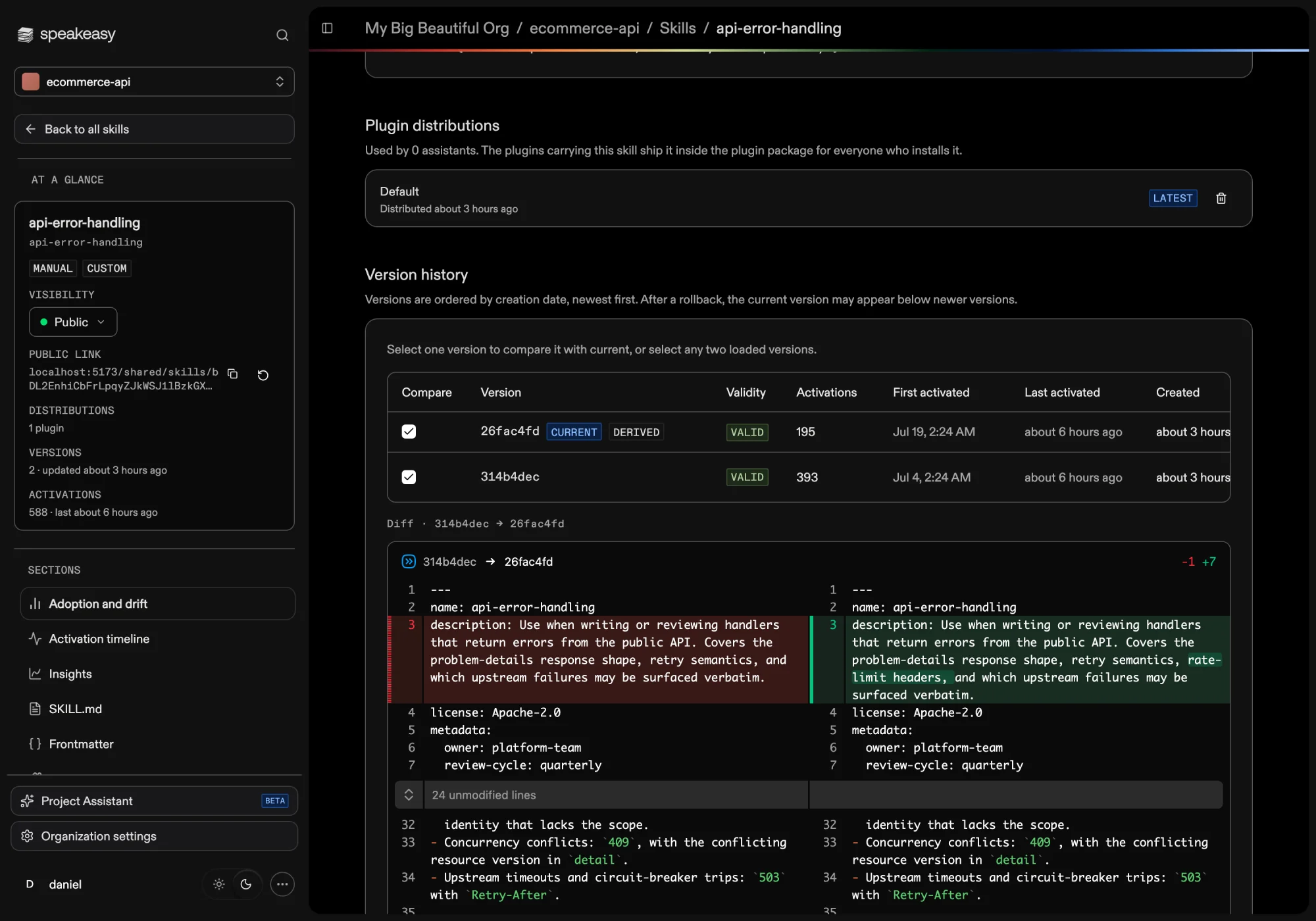 Version history with two versions selected and a side-by-side diff of the manifest change