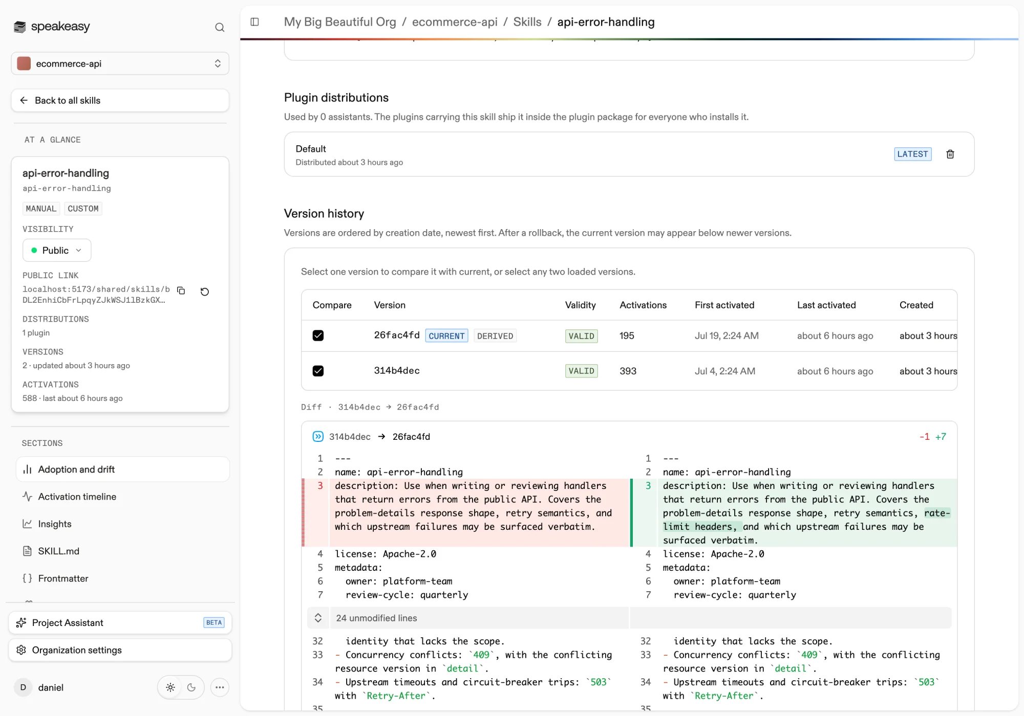 Version history with two versions selected and a side-by-side diff of the manifest change