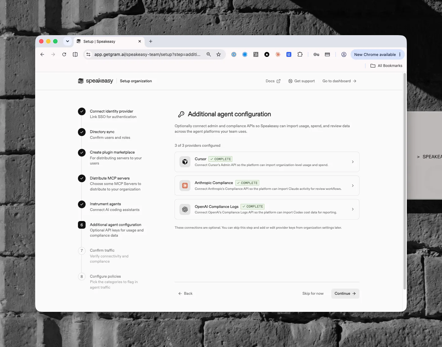 The Additional agent configuration step with Cursor, Anthropic, and OpenAI provider connections