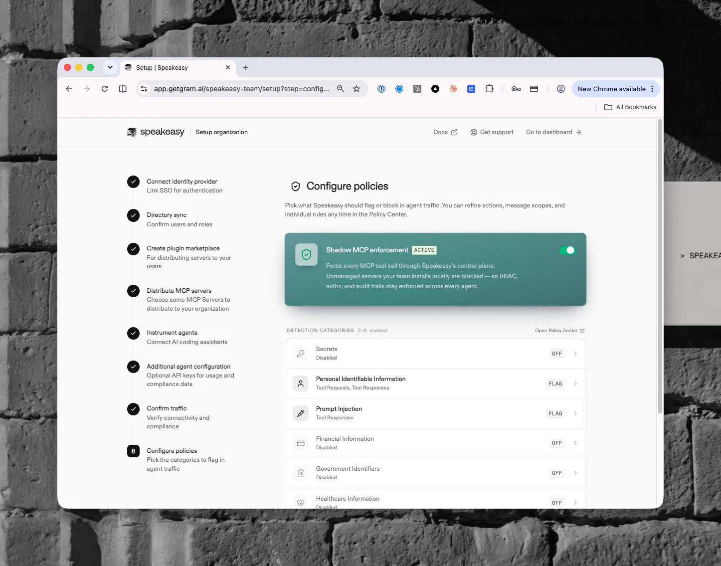 The Configure policies step with shadow MCP enforcement and detection categories