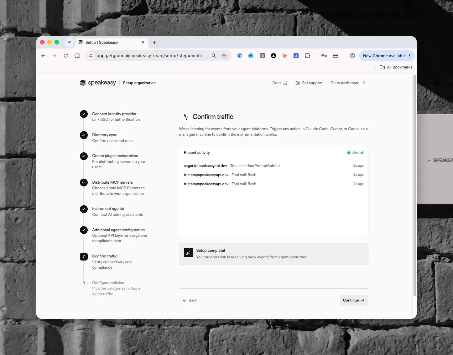The Confirm traffic step with a live feed of arriving tool-call events