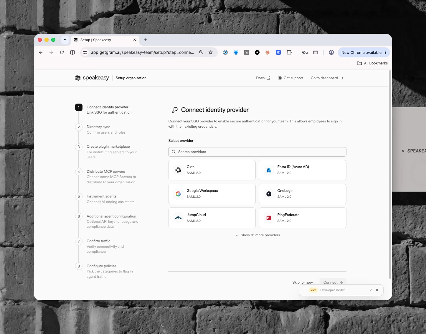 The Connect identity provider step with a searchable grid of SSO providers