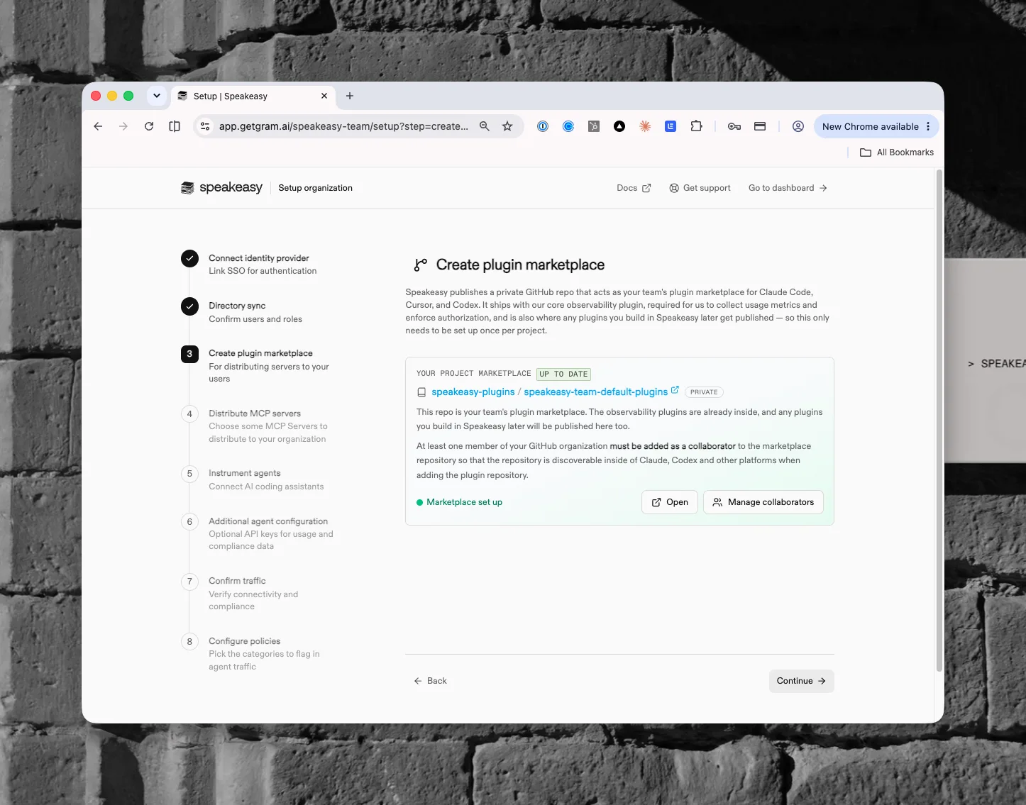 The Create plugin marketplace step showing the published private marketplace repository