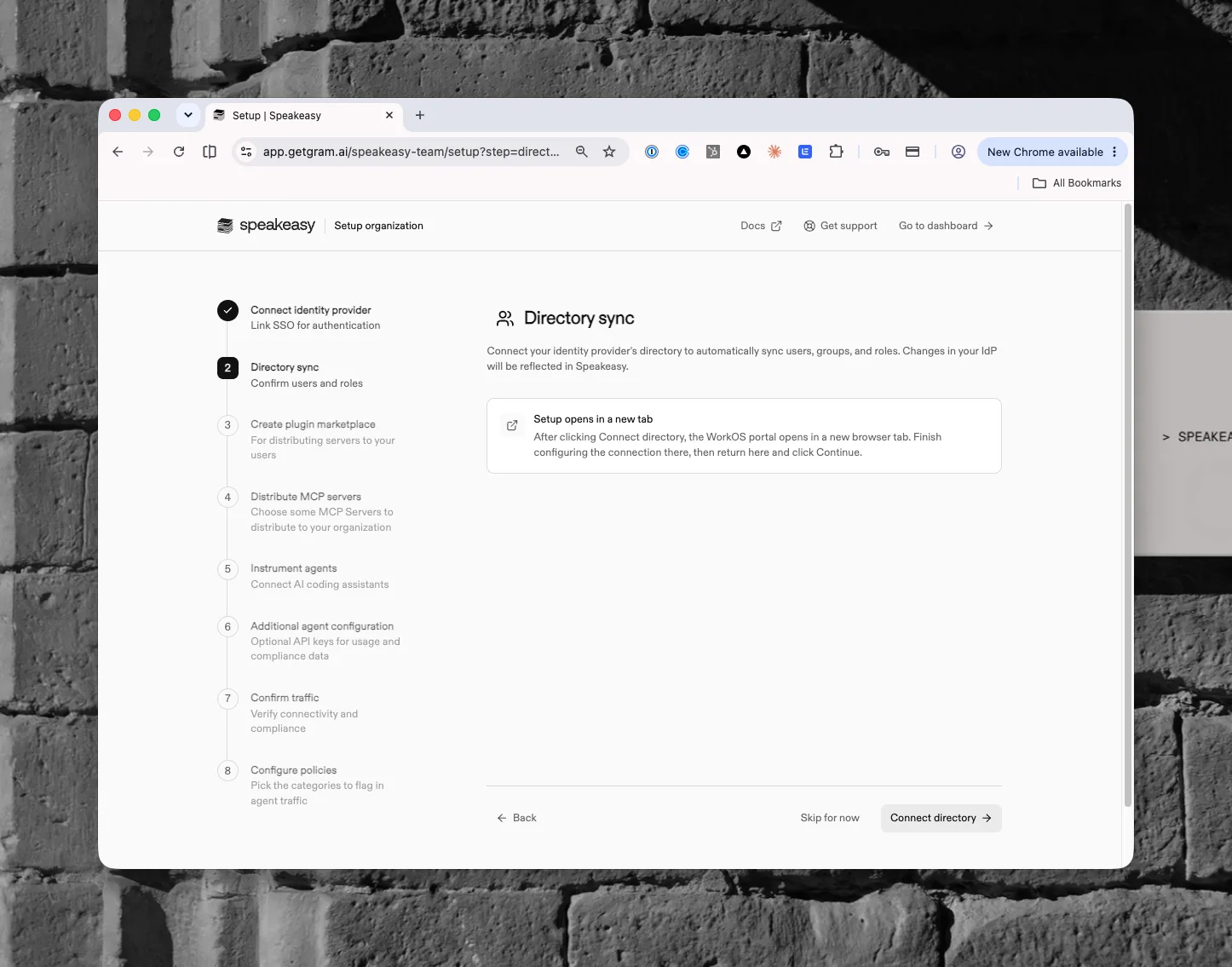 The Directory sync step, which opens the connection setup in a new tab