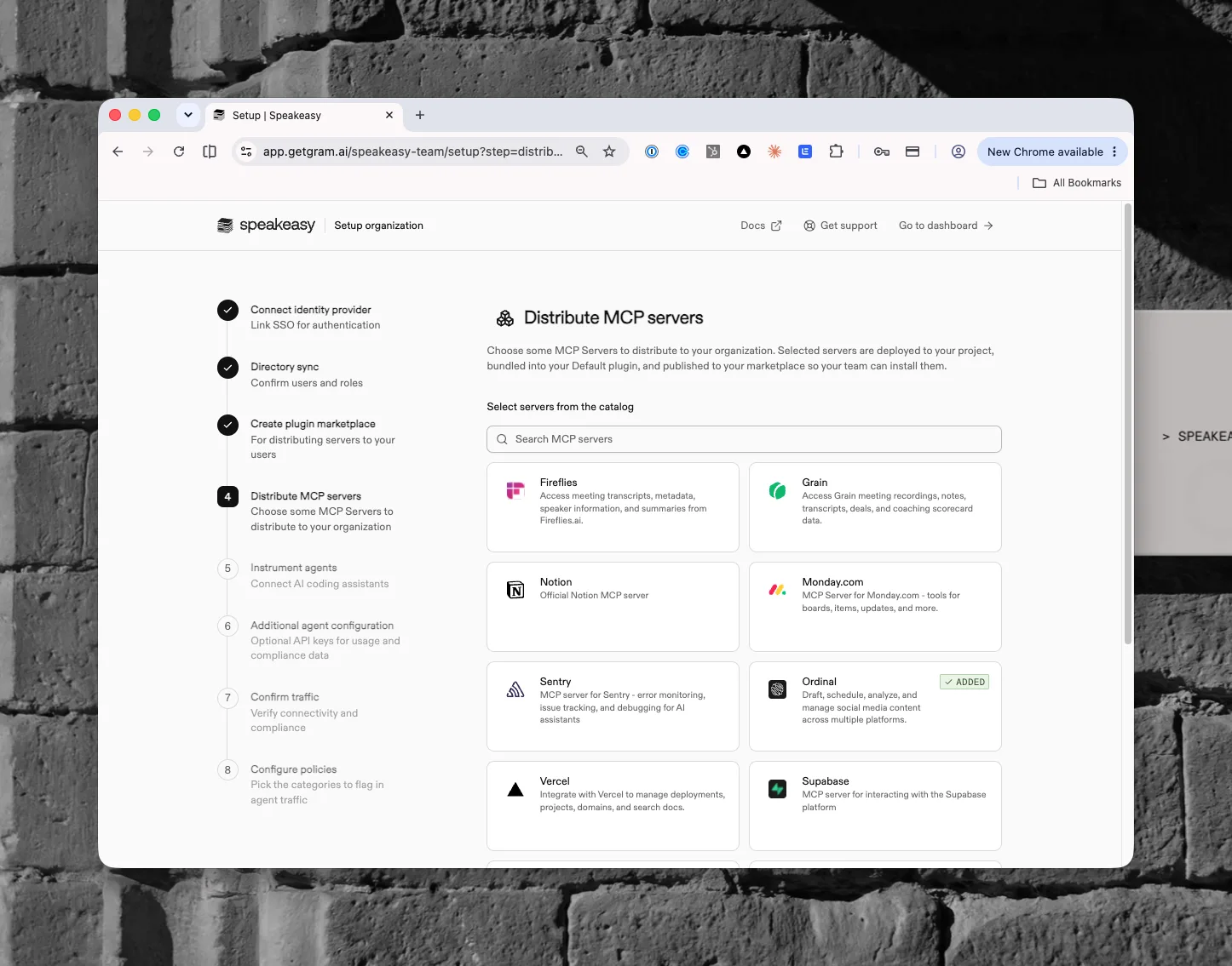 The Distribute MCP servers step with a searchable catalog of servers to distribute