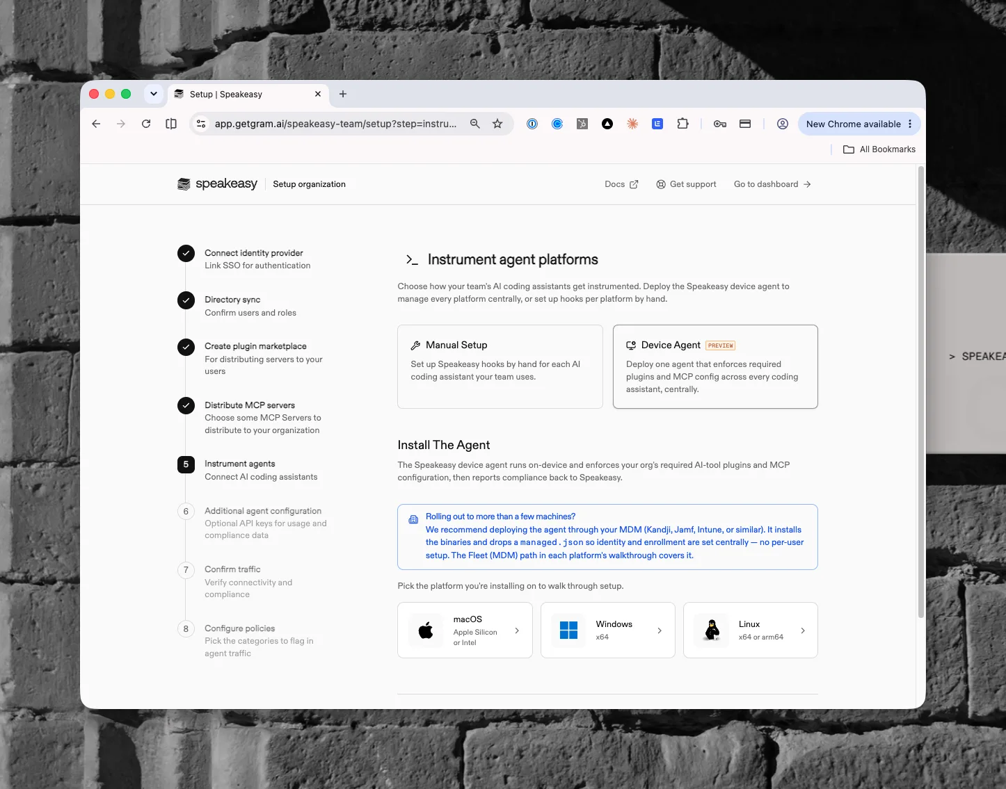 The Device Agent option with platform walkthroughs for macOS, Windows, and Linux