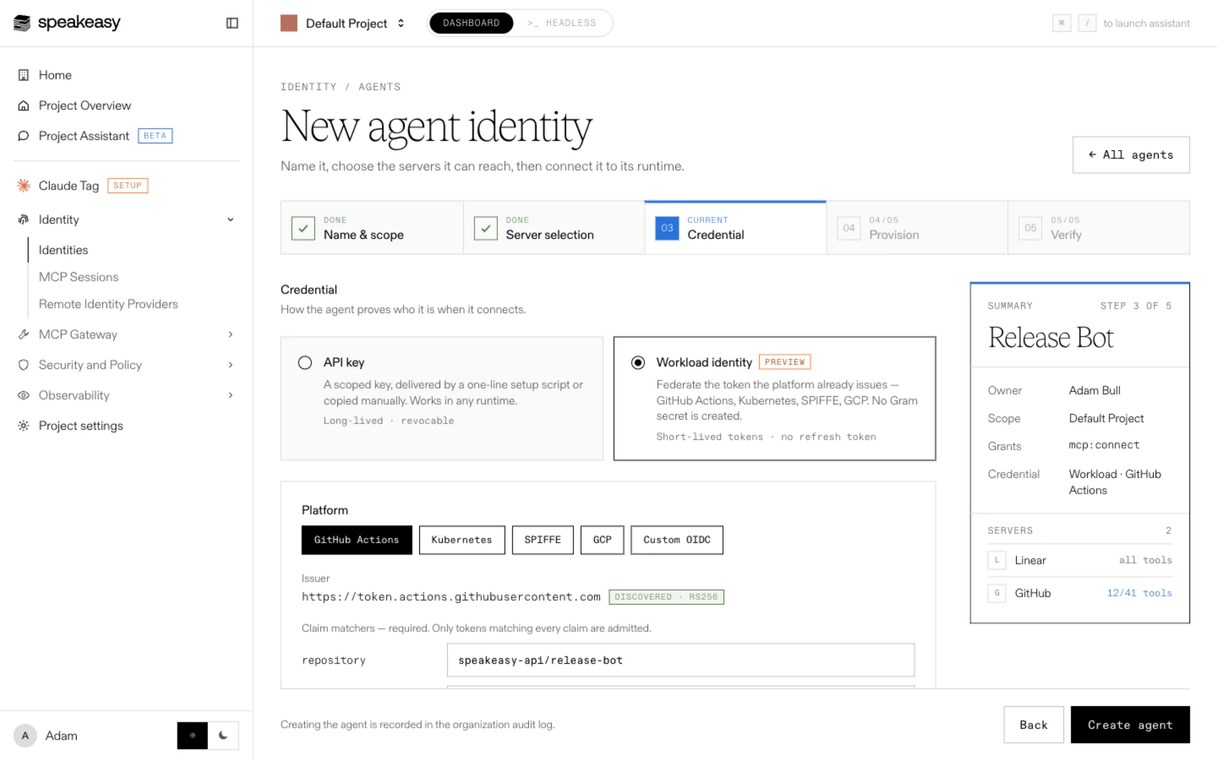 The Credential step with Workload identity selected for GitHub Actions, showing the issuer and the repository claim matcher