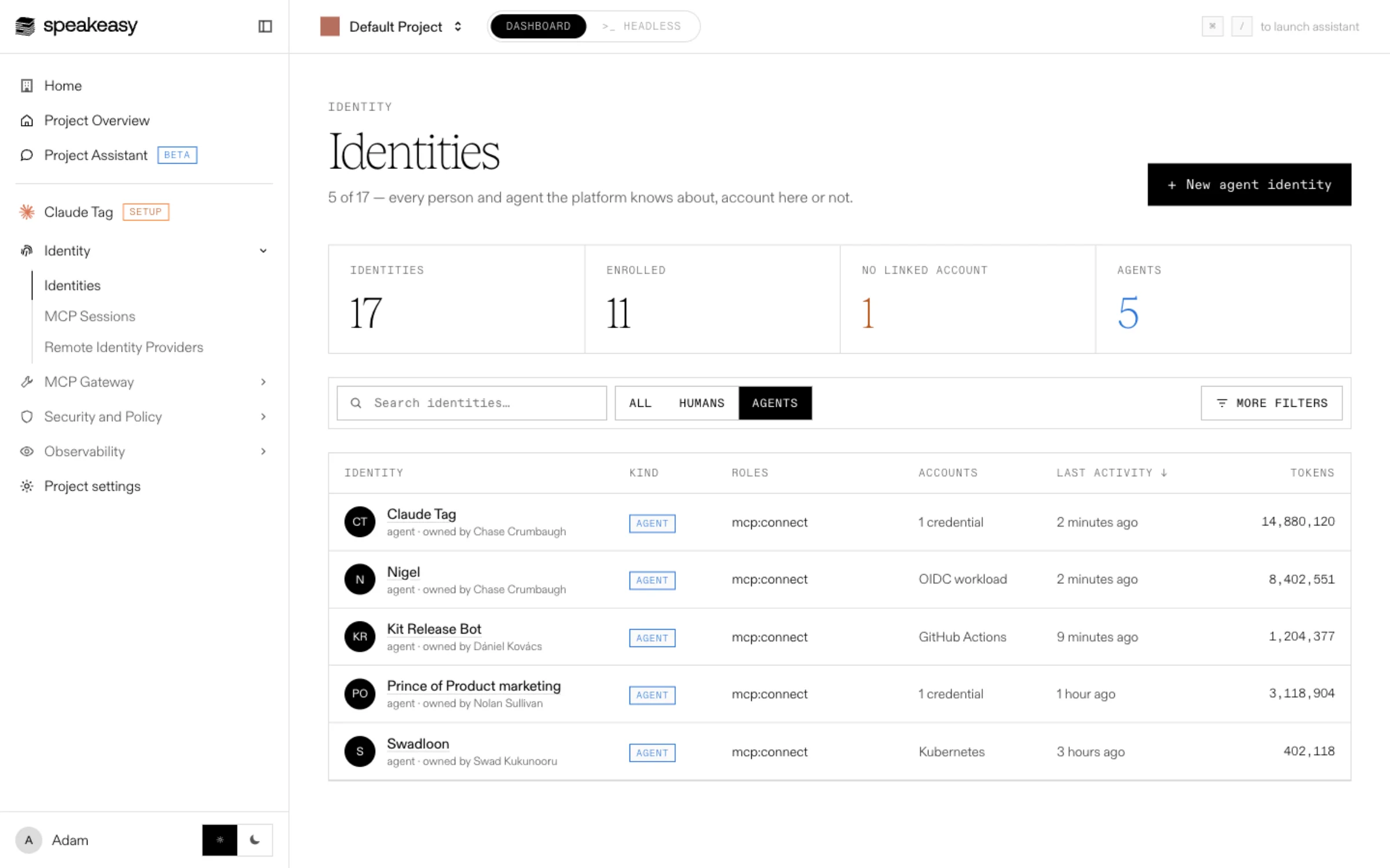 The Identities page filtered to agents, with the New agent identity button at the top