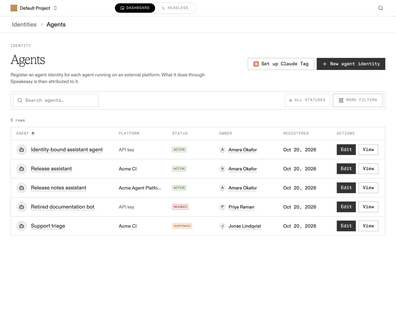 The Agents page with the Set up Claude Tag button beside New agent identity