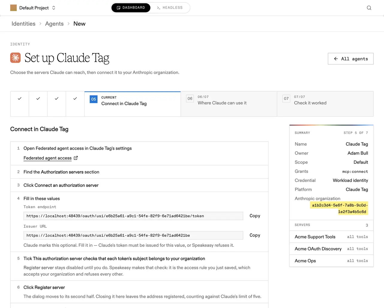 The Connect in Claude Tag step, with the numbered console steps and copyable token endpoint and issuer URL