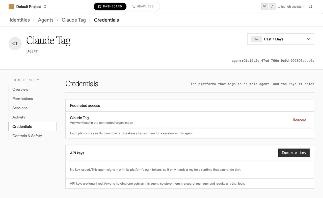 The Credentials section of an agent, with Federated access listing Claude Tag with a Remove action, and the API keys panel below it