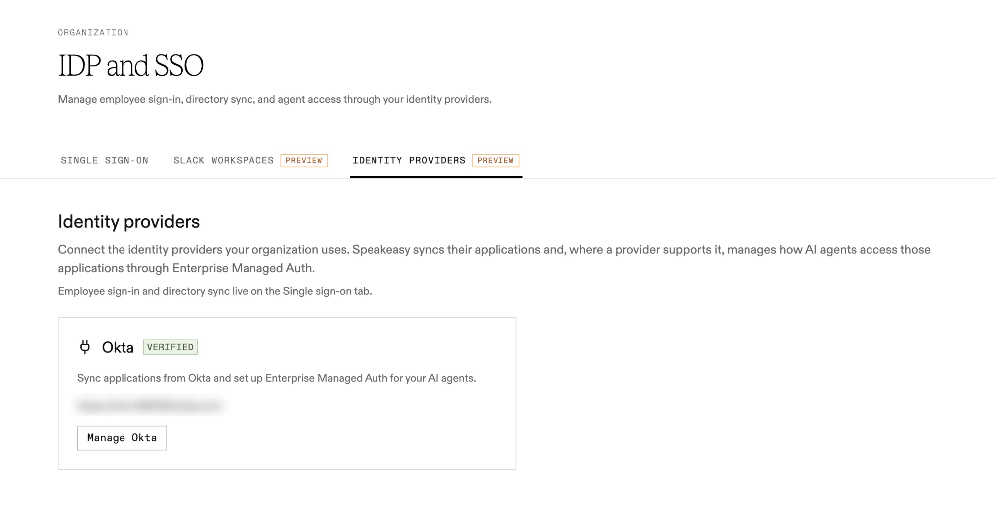 The Identity providers tab of IDP and SSO, with a verified Okta card and the Manage Okta button