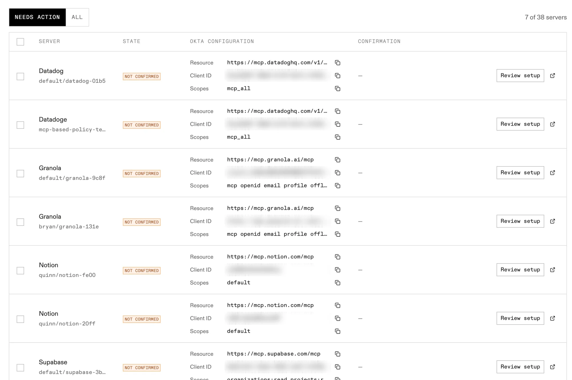 The server list on the Cross App Access tab, showing each server's Okta configuration values and a Review setup button