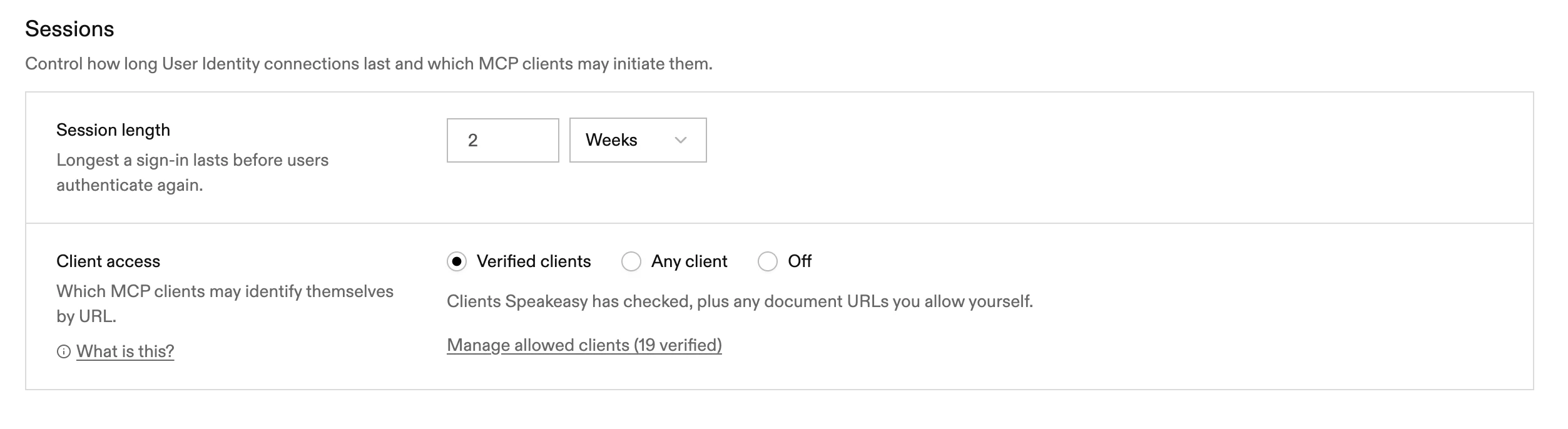 The Sessions section of a remote MCP server's Settings tab, with Session length set to 2 Weeks and the Client access setting below it