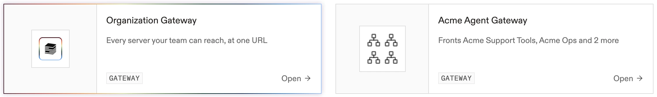 The Organization Gateway card on the MCP Servers page, beside a gateway endpoint