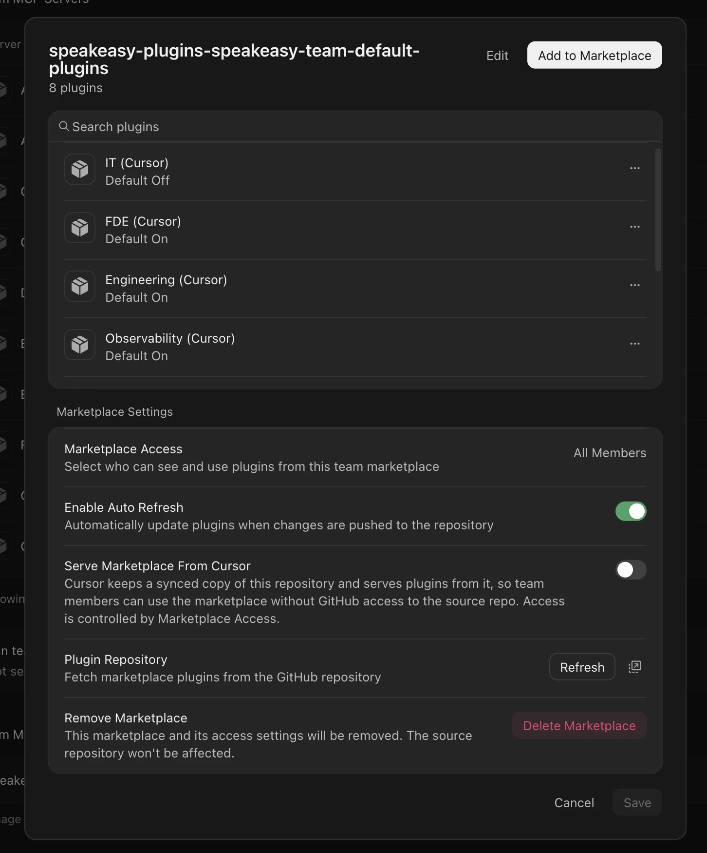 The marketplace settings dialog in Cursor, listing IT, FDE, Engineering, and Observability plugins as Default On or Default Off, above Marketplace Access, Enable Auto Refresh, Serve Marketplace From Cursor, Plugin Repository, and Remove Marketplace settings