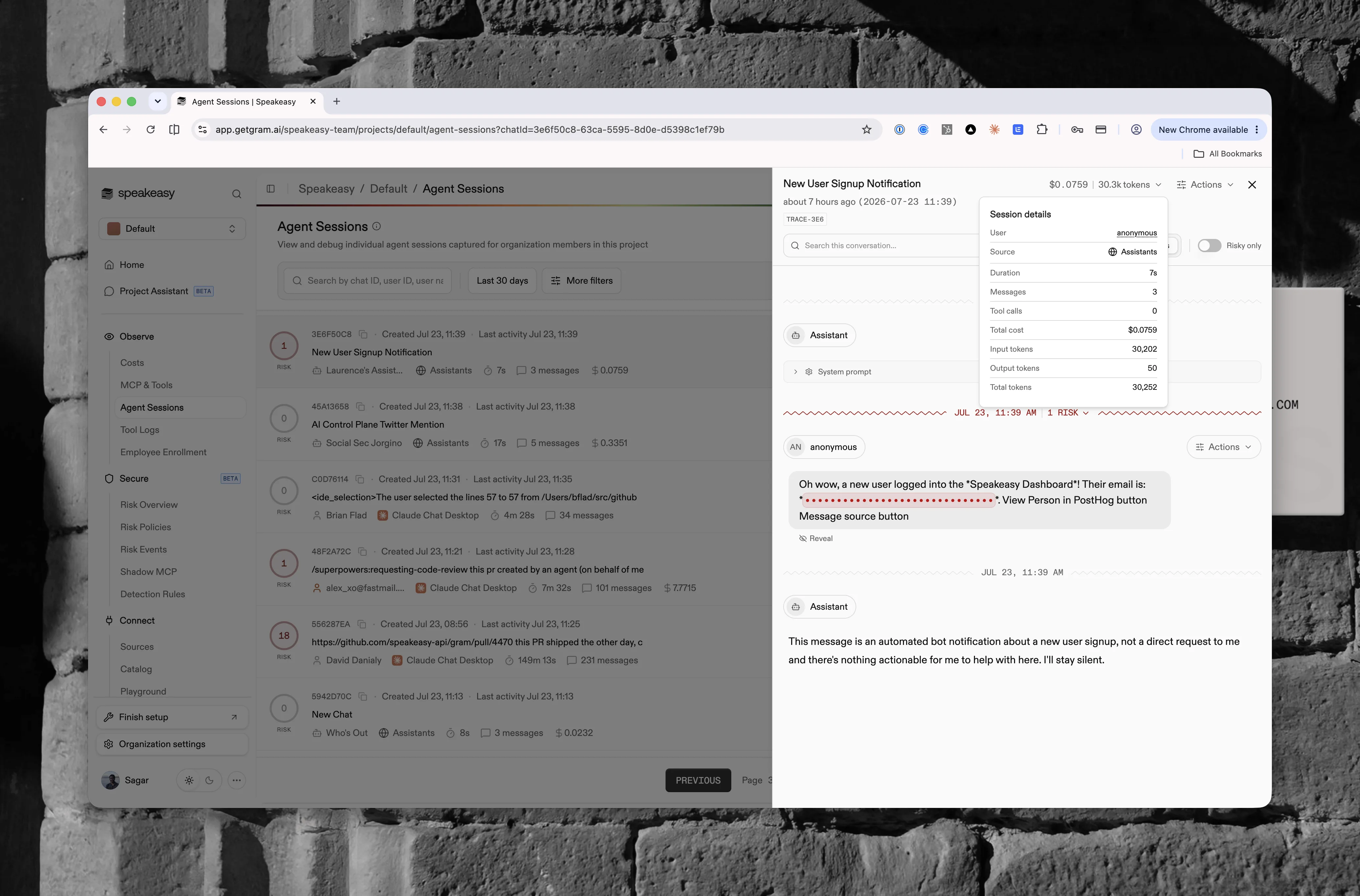 A session transcript open in the detail panel, with the Session details popover showing duration, message and tool-call counts, cost, and token totals, and a flagged message masked with a reveal toggle