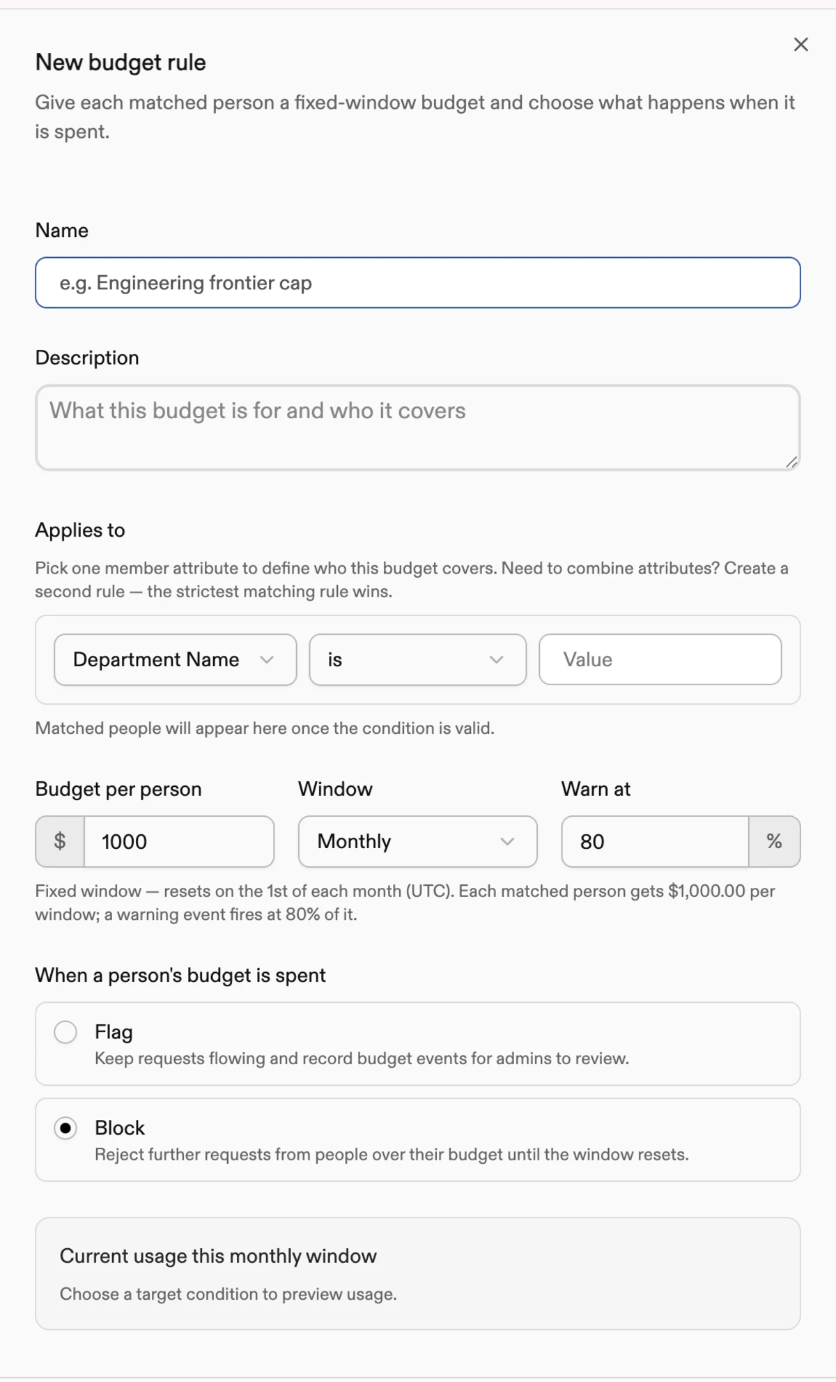 The New budget rule editor with the target condition, per-person budget, window, warn threshold, and Flag or Block action