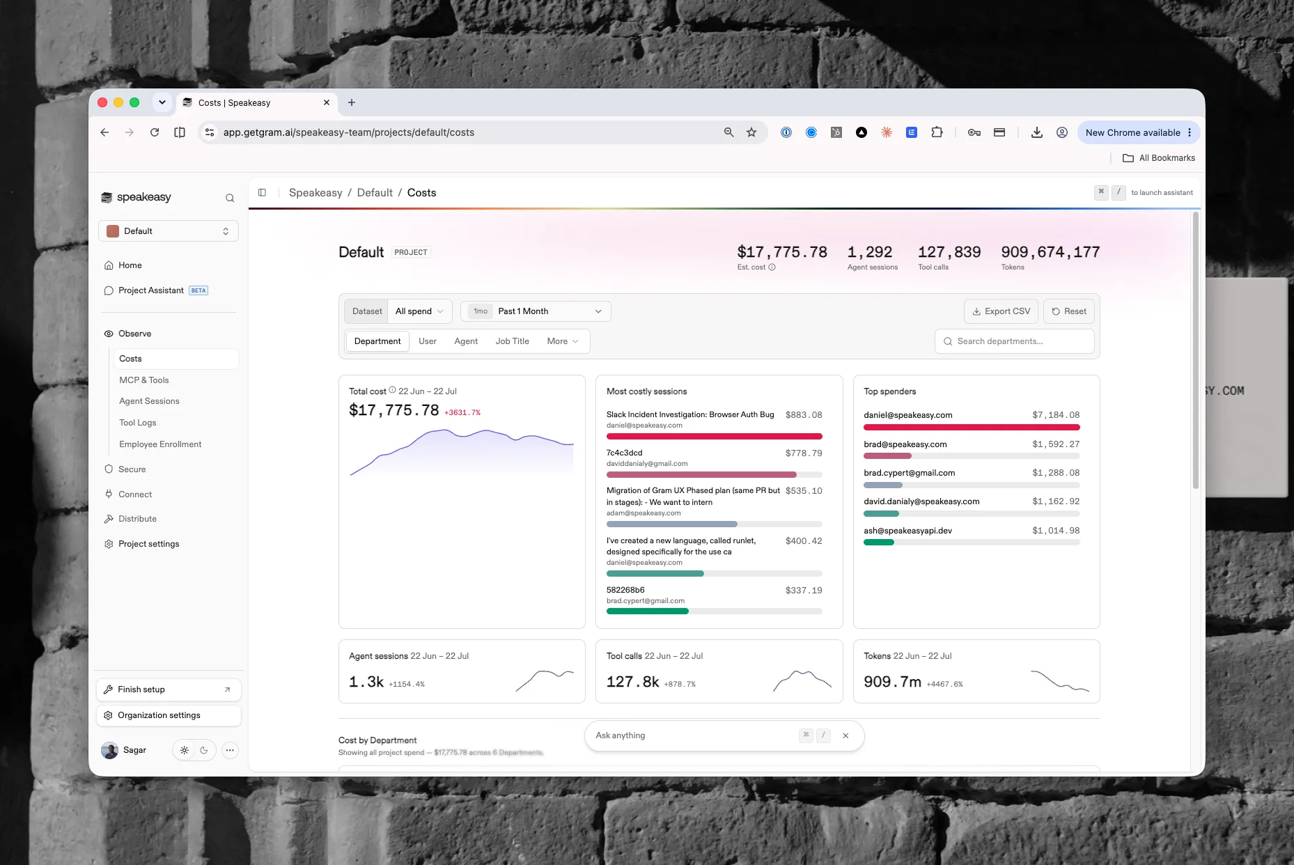 The Costs page with headline stats, the total cost trend, most costly sessions, and top spenders