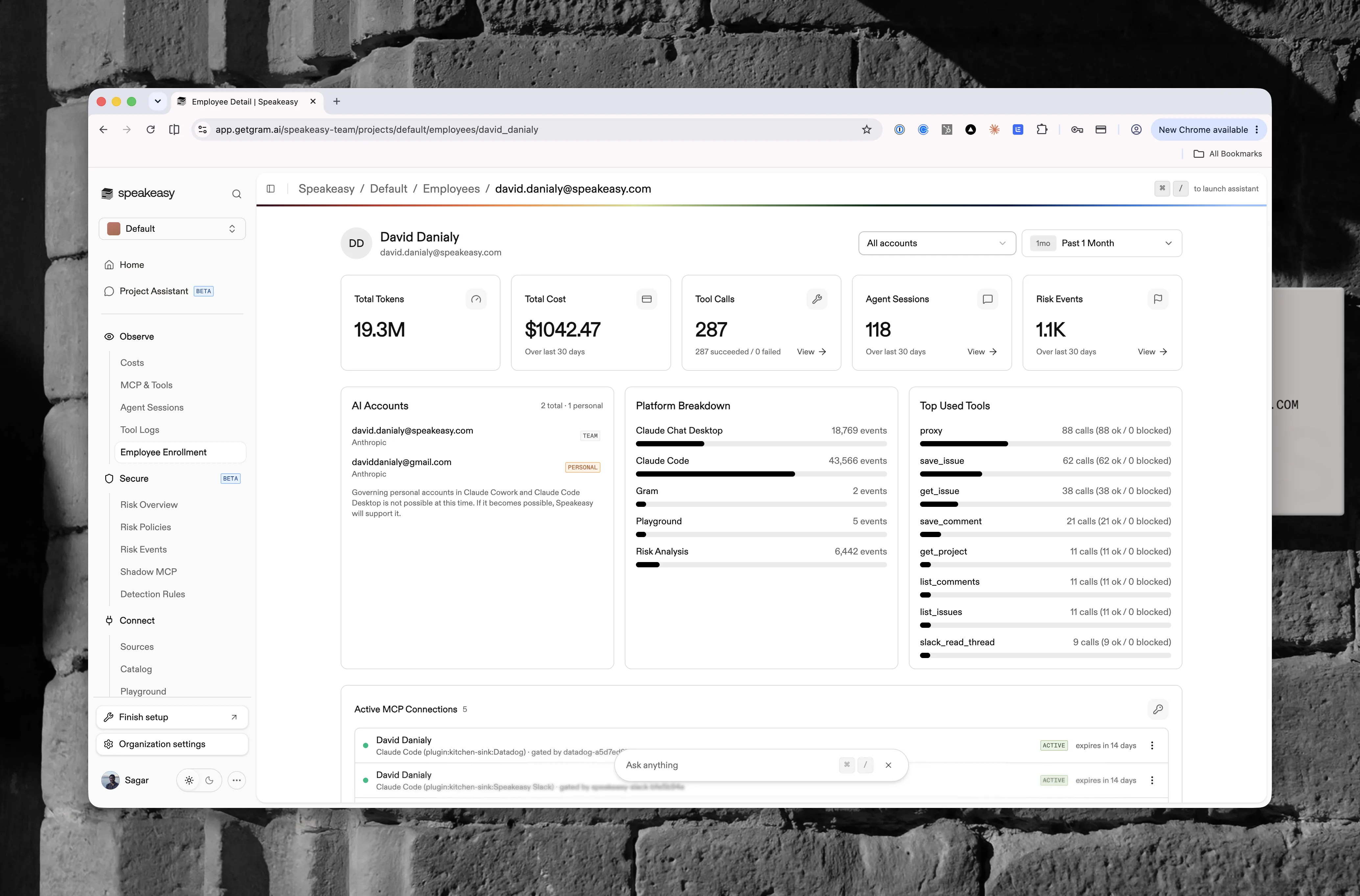 The employee detail page with usage stat cards, AI accounts, platform breakdown, and top used tools