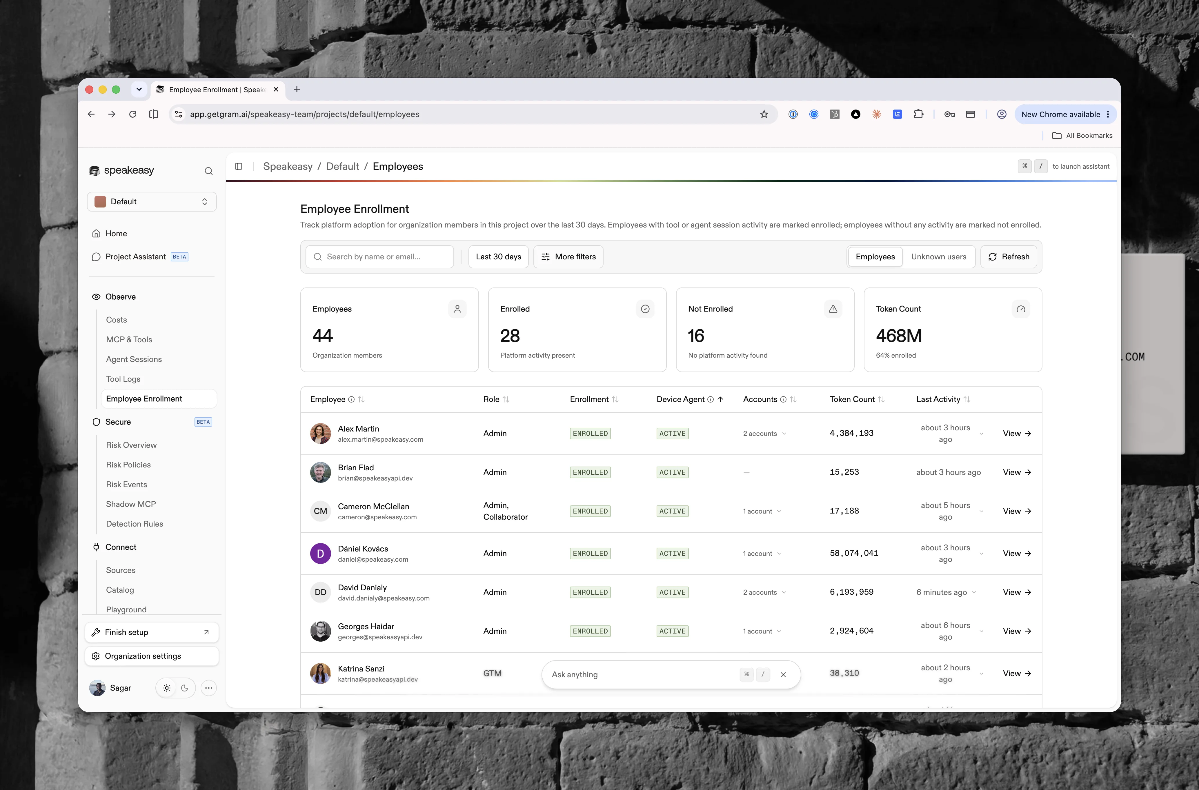 The Employee Enrollment page with enrollment stat cards and the member table showing enrollment and device agent badges