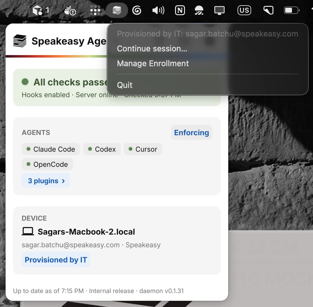 The device agent menu-bar menu with the Continue session item