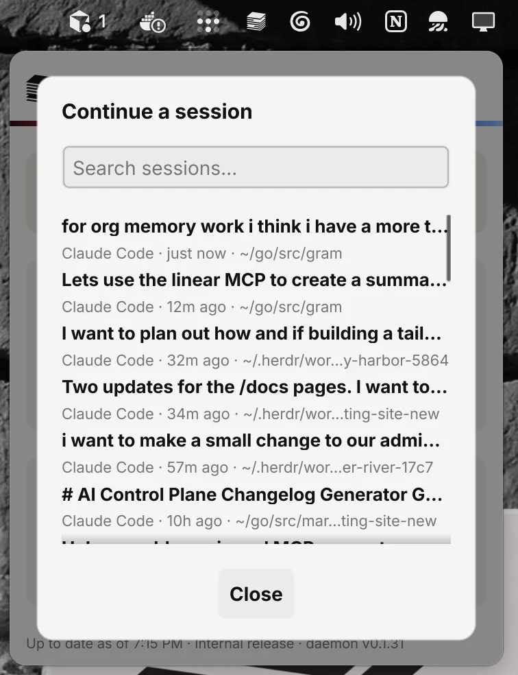 The Continue a session picker listing discovered sessions with their source, age, and project directory