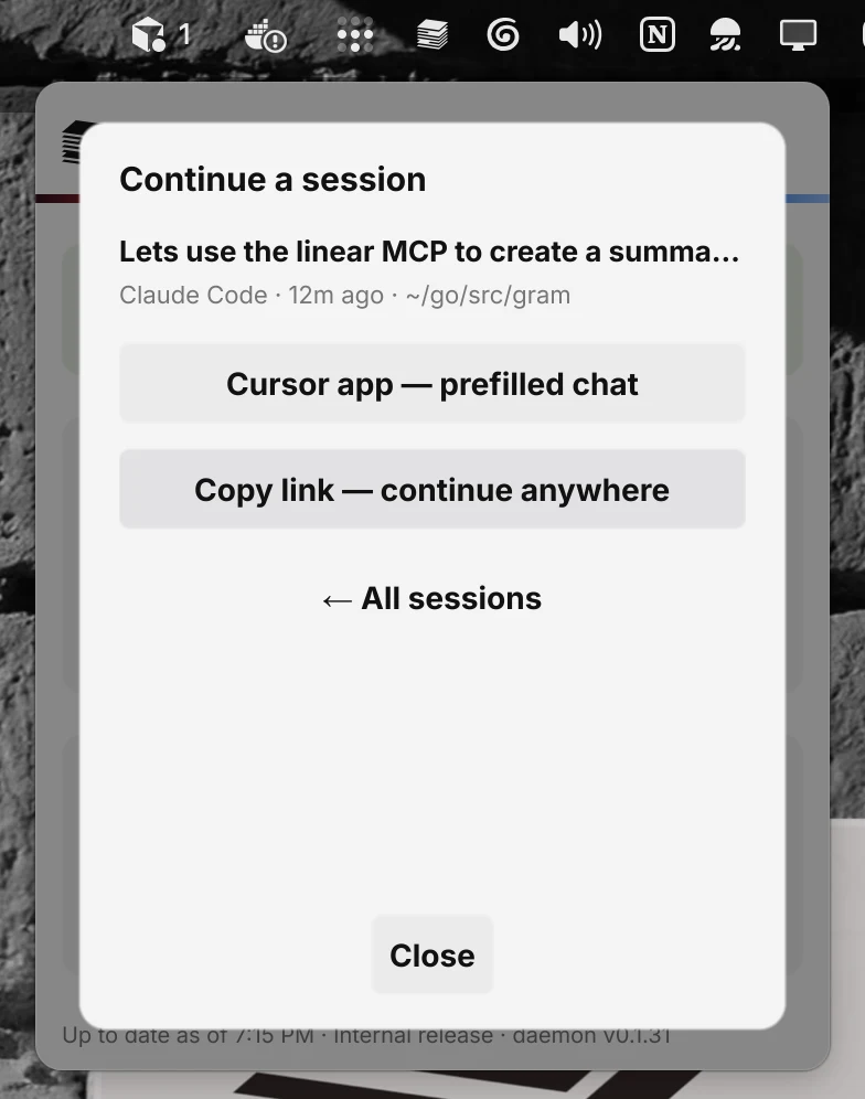 A selected session in the picker with its move targets and the Copy link option