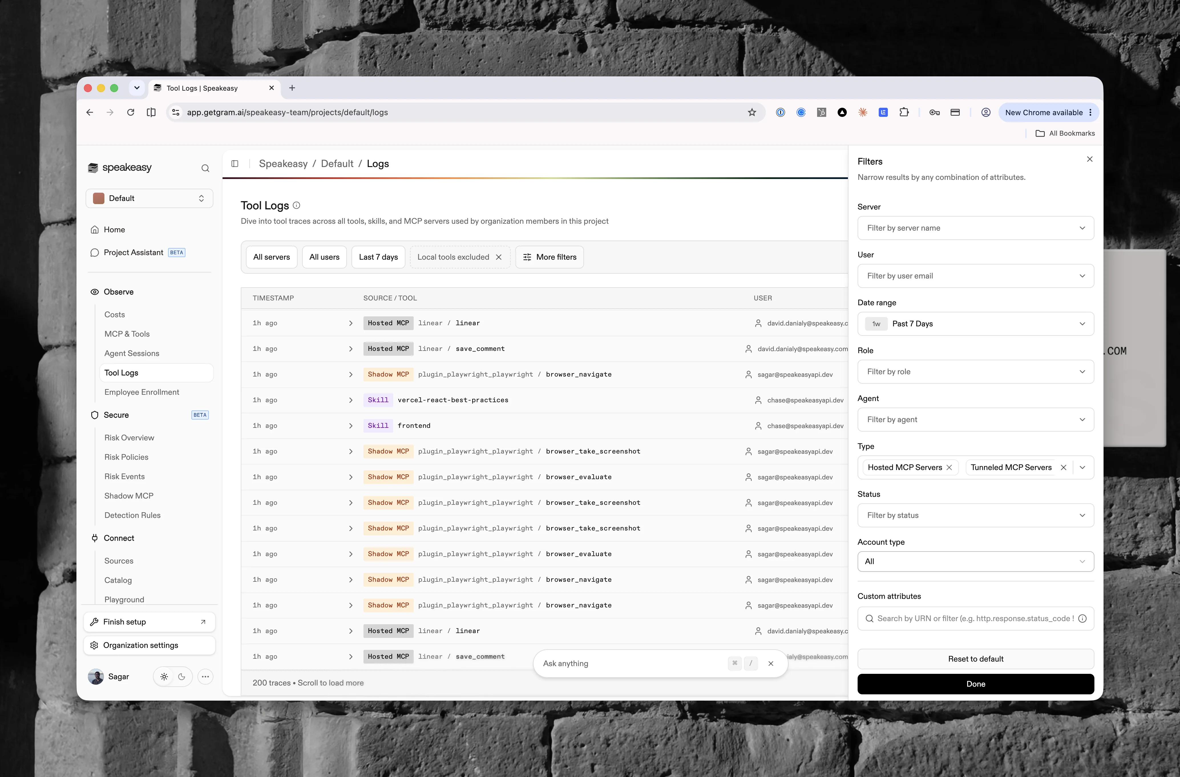 The Filters panel with server, user, date range, role, agent, type, status, account type, and custom attribute controls