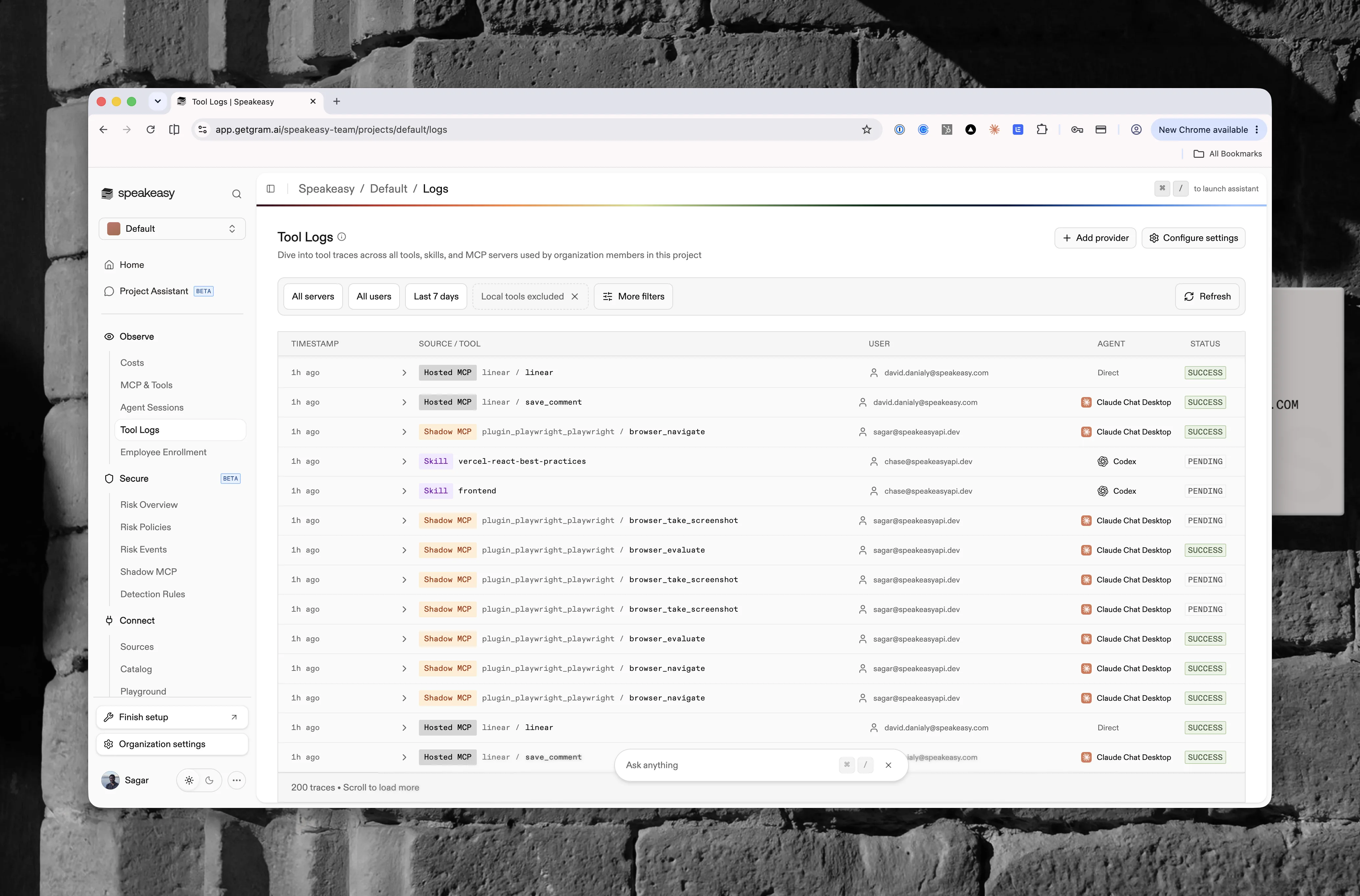 The Tool Logs stream with source badges, users, agents, and status per tool call