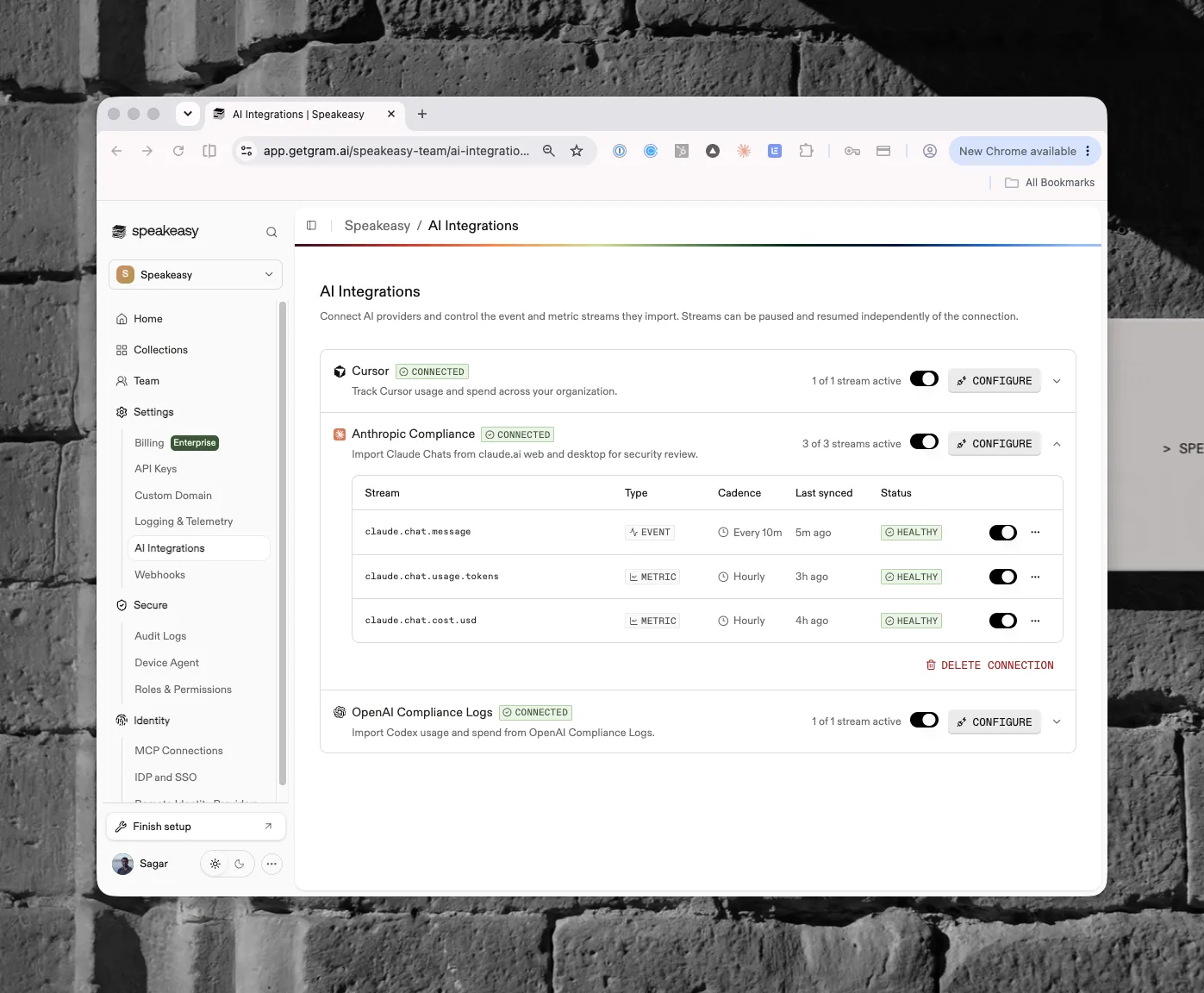 The AI Integrations page with connected Cursor, Anthropic Compliance, and OpenAI Compliance Logs providers and their stream tables