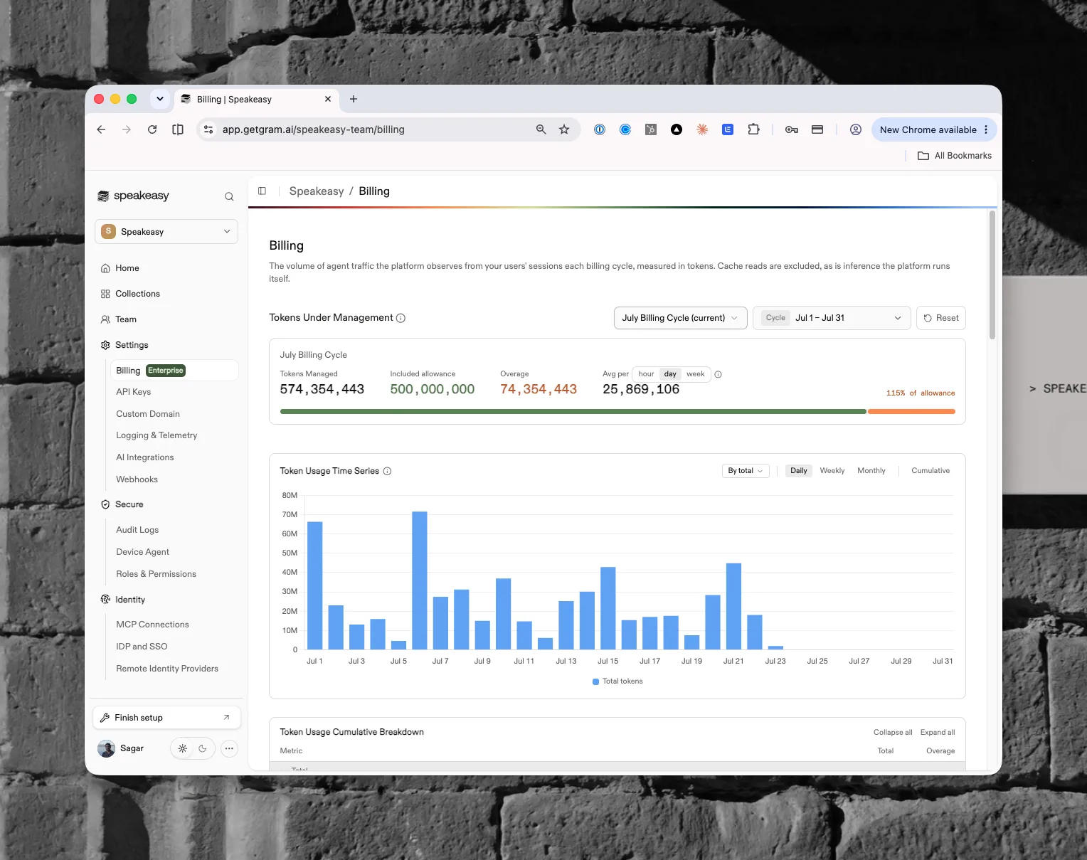 The Billing page showing the Tokens Under Management cycle summary, allowance meter, and daily token usage chart