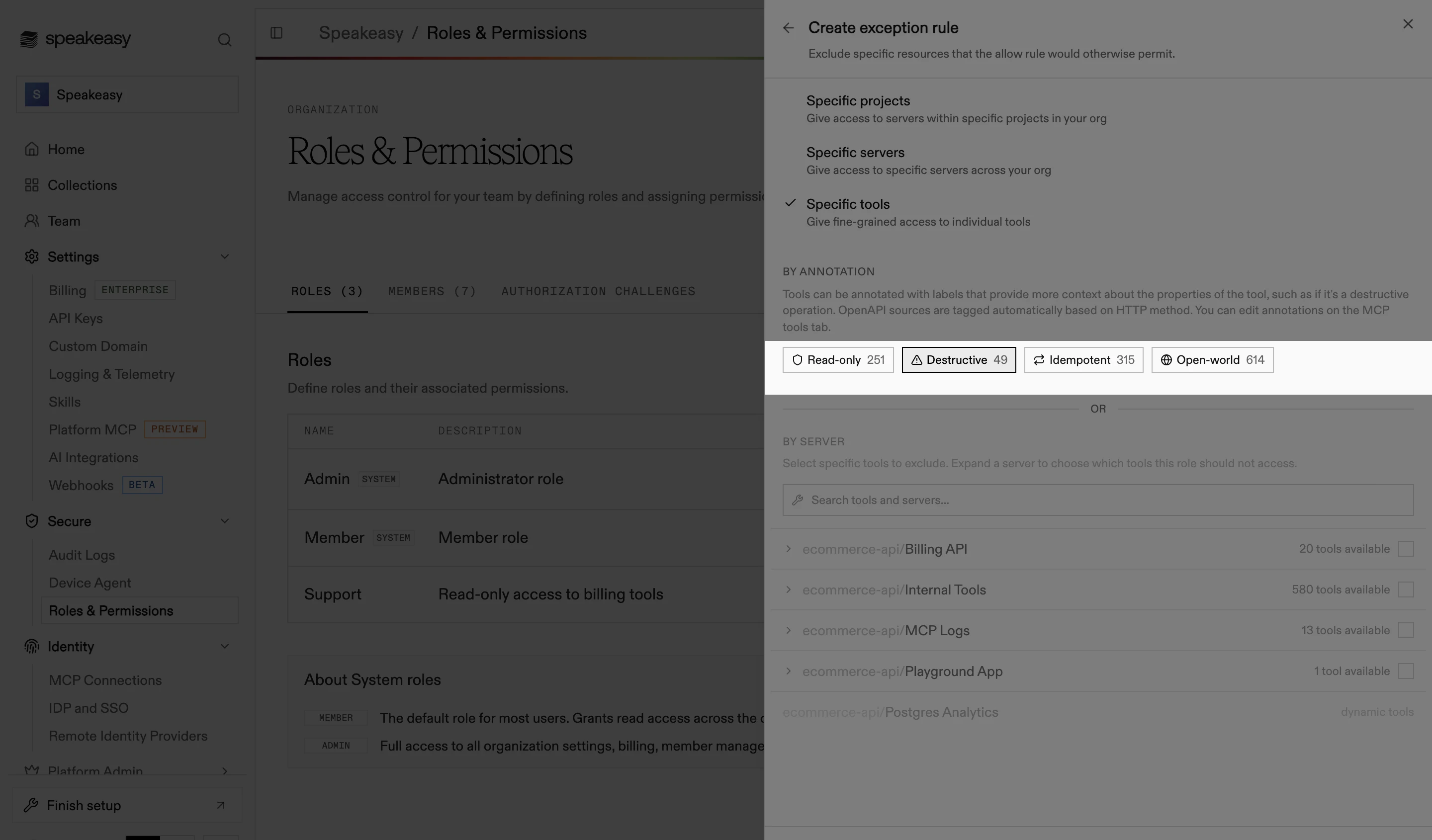 The Create exception rule editor with the Destructive annotation selected, excluding destructive tools from what the allow rule permits