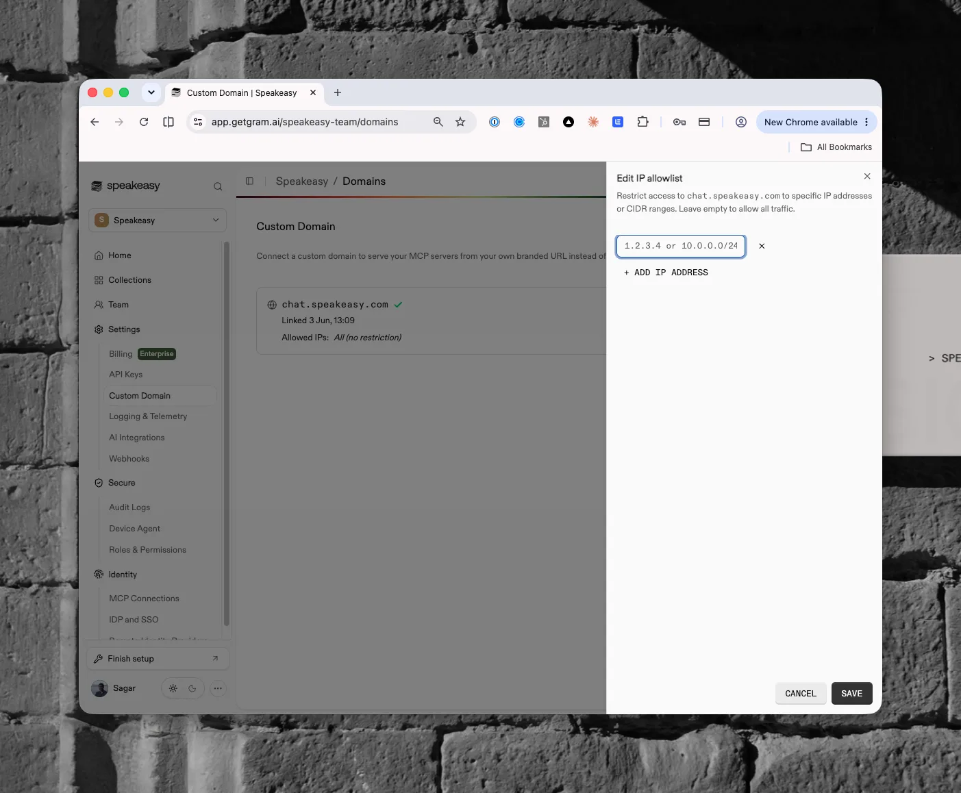 The Edit IP allowlist side sheet with an entry field accepting an IP address or CIDR range