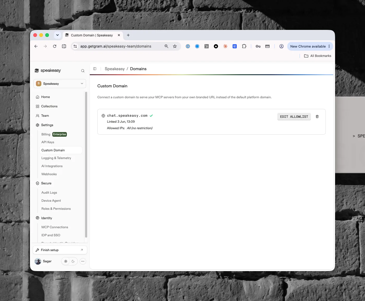 The Custom Domain page with a verified domain, its allowlist status, and the Edit Allowlist action