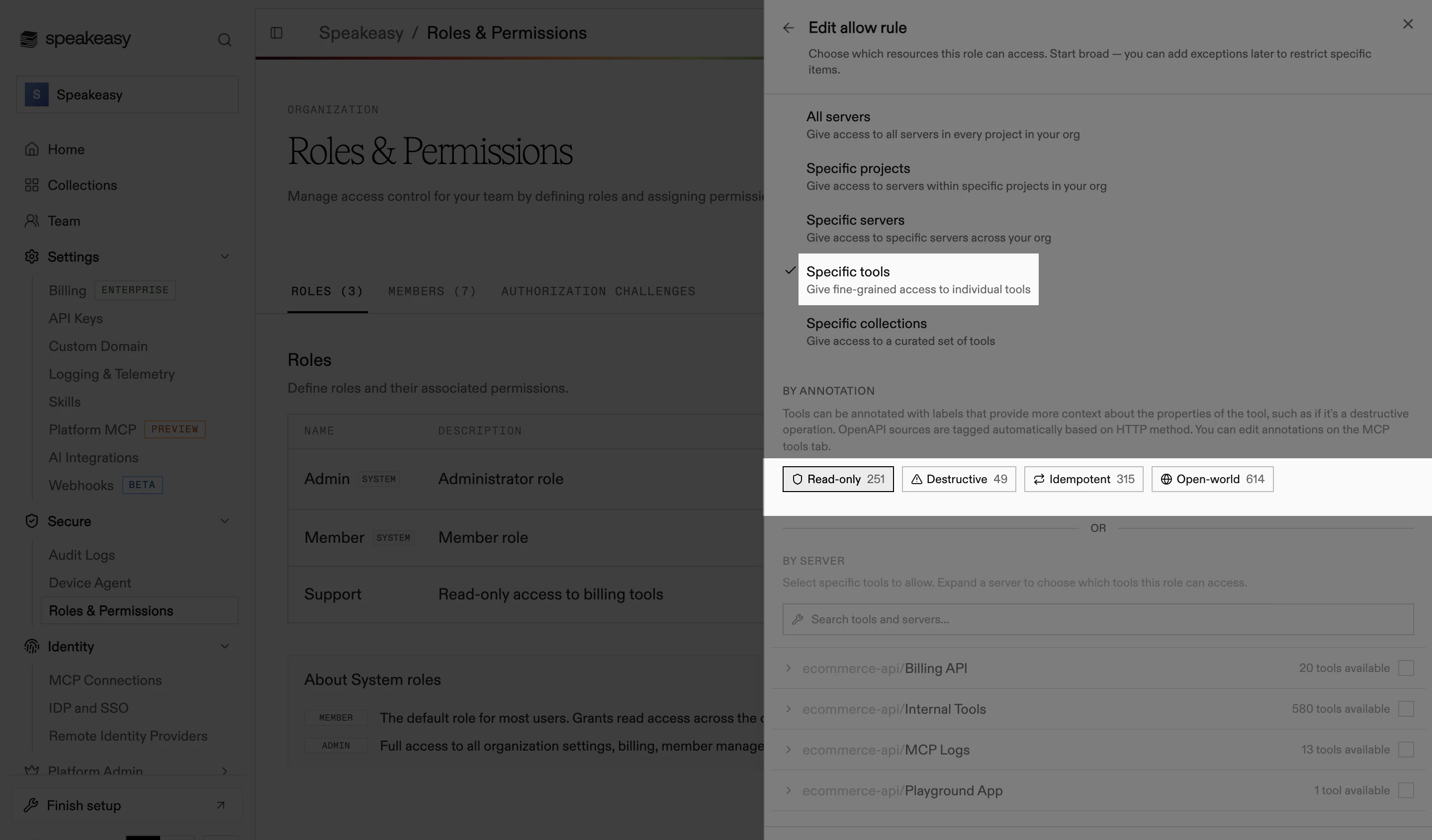 The Specific tools panel of the rule editor, with the Read-only annotation filter selected and a per-server tool picker below it