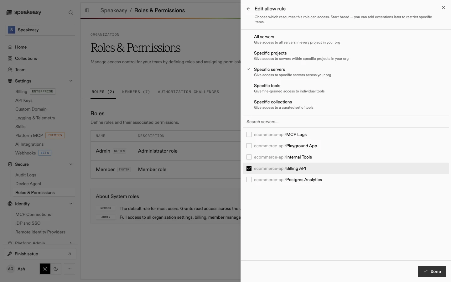 The Edit allow rule editor for the mcp scope, with the Specific servers option selected and one server checked in the server list