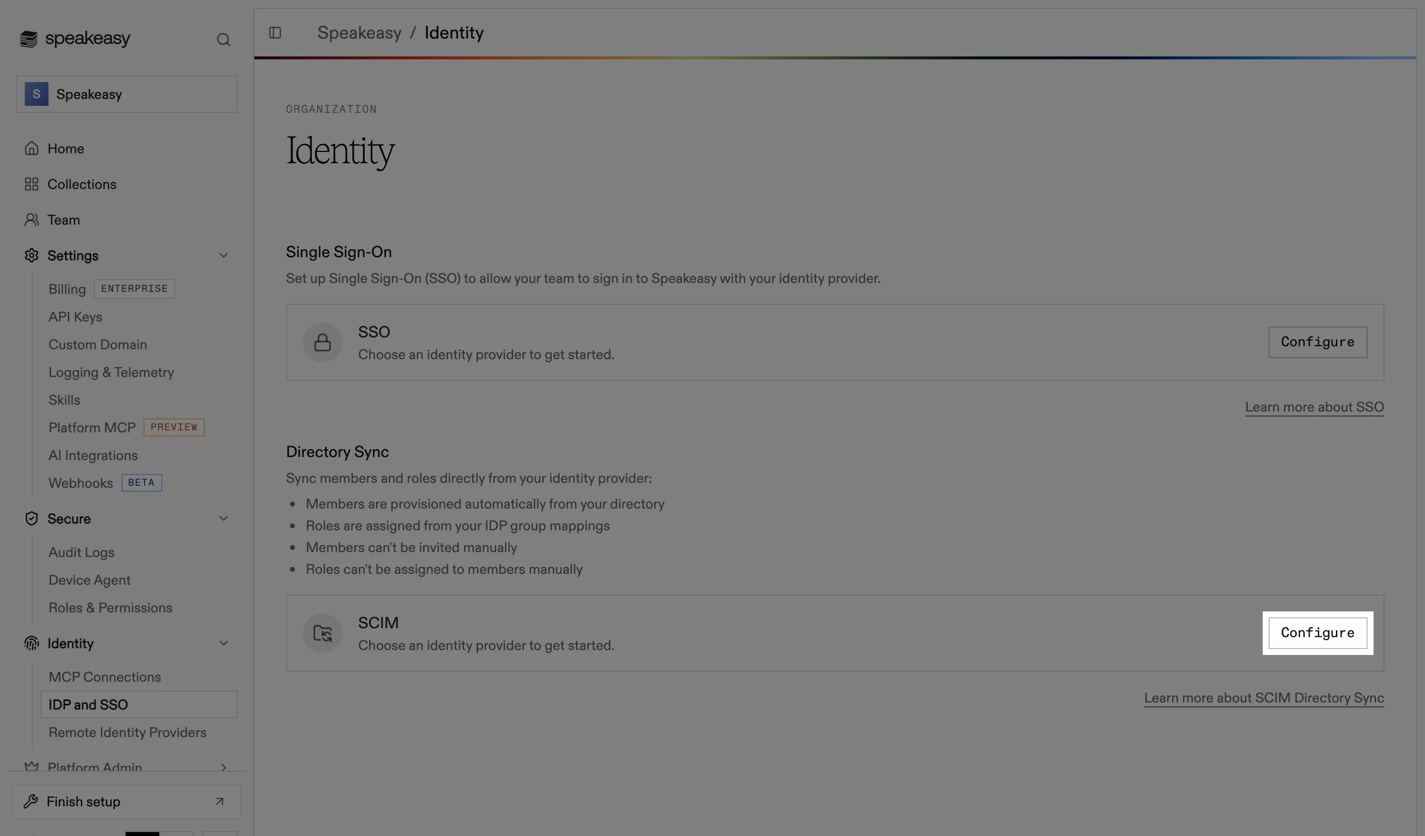 The IDP and SSO page, with a Single Sign-On card and a Directory Sync card, each with a Configure button