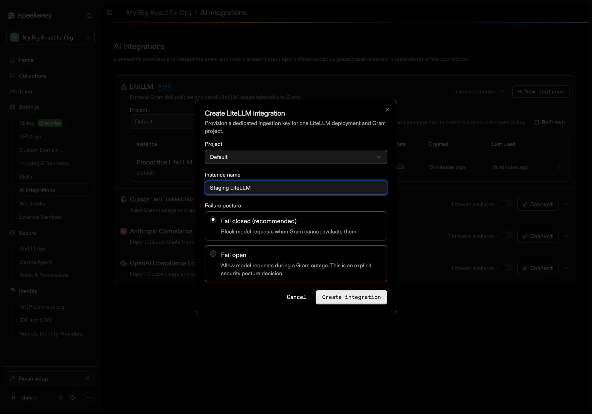 The create LiteLLM integration dialog with project, instance name, and failure posture fields