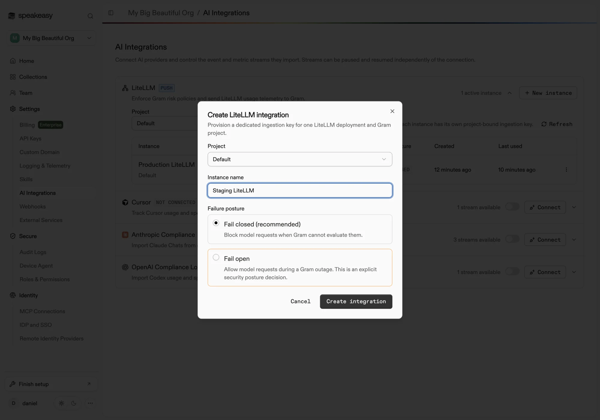 The create LiteLLM integration dialog with project, instance name, and failure posture fields