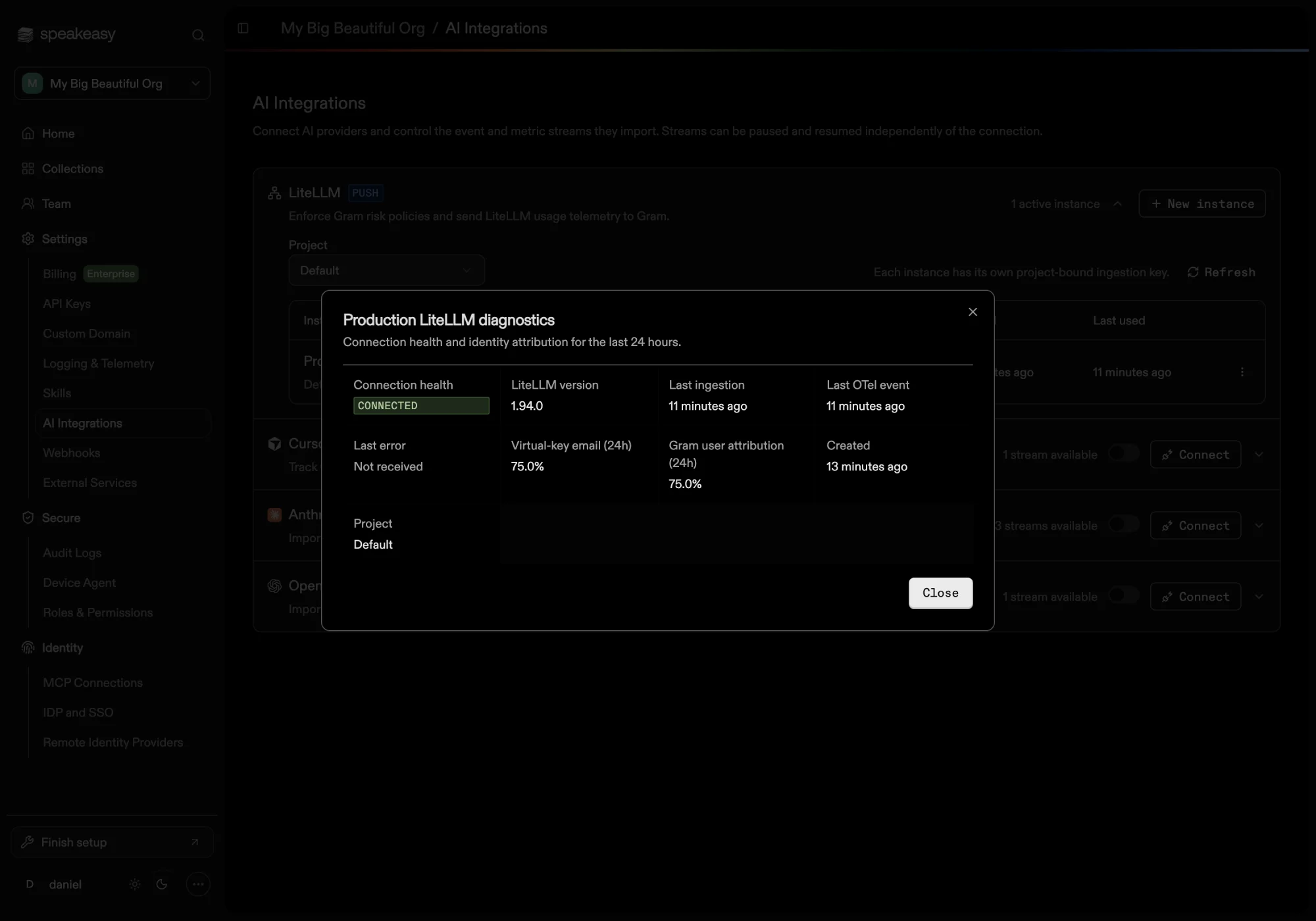The LiteLLM instance diagnostics dialog with connection health, version, event times, and attribution percentages