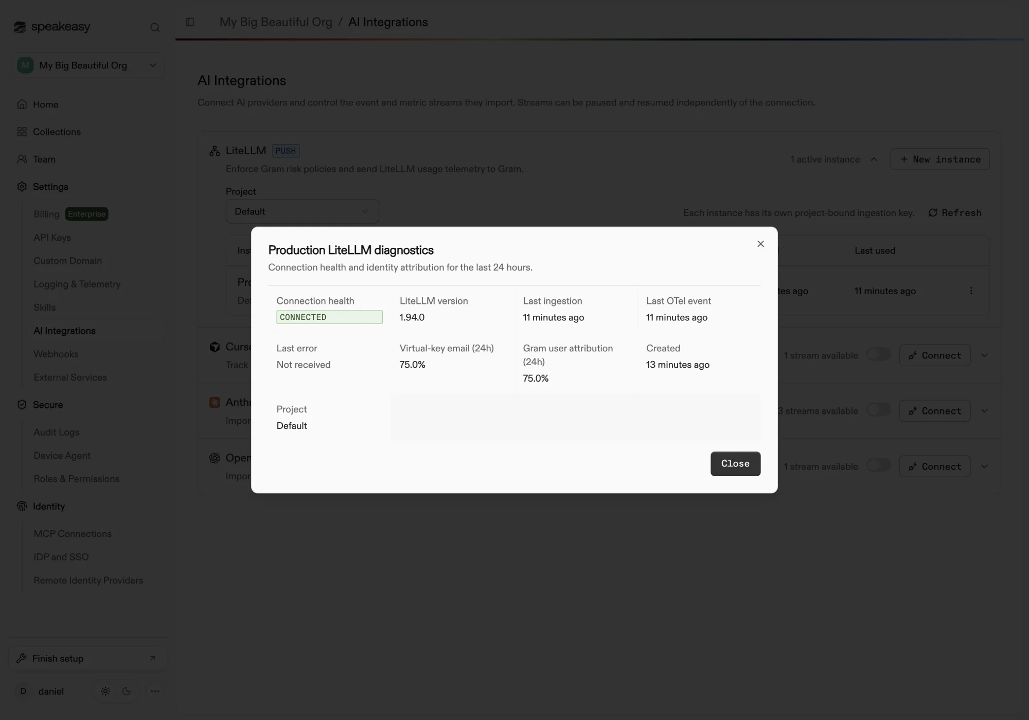 The LiteLLM instance diagnostics dialog with connection health, version, event times, and attribution percentages