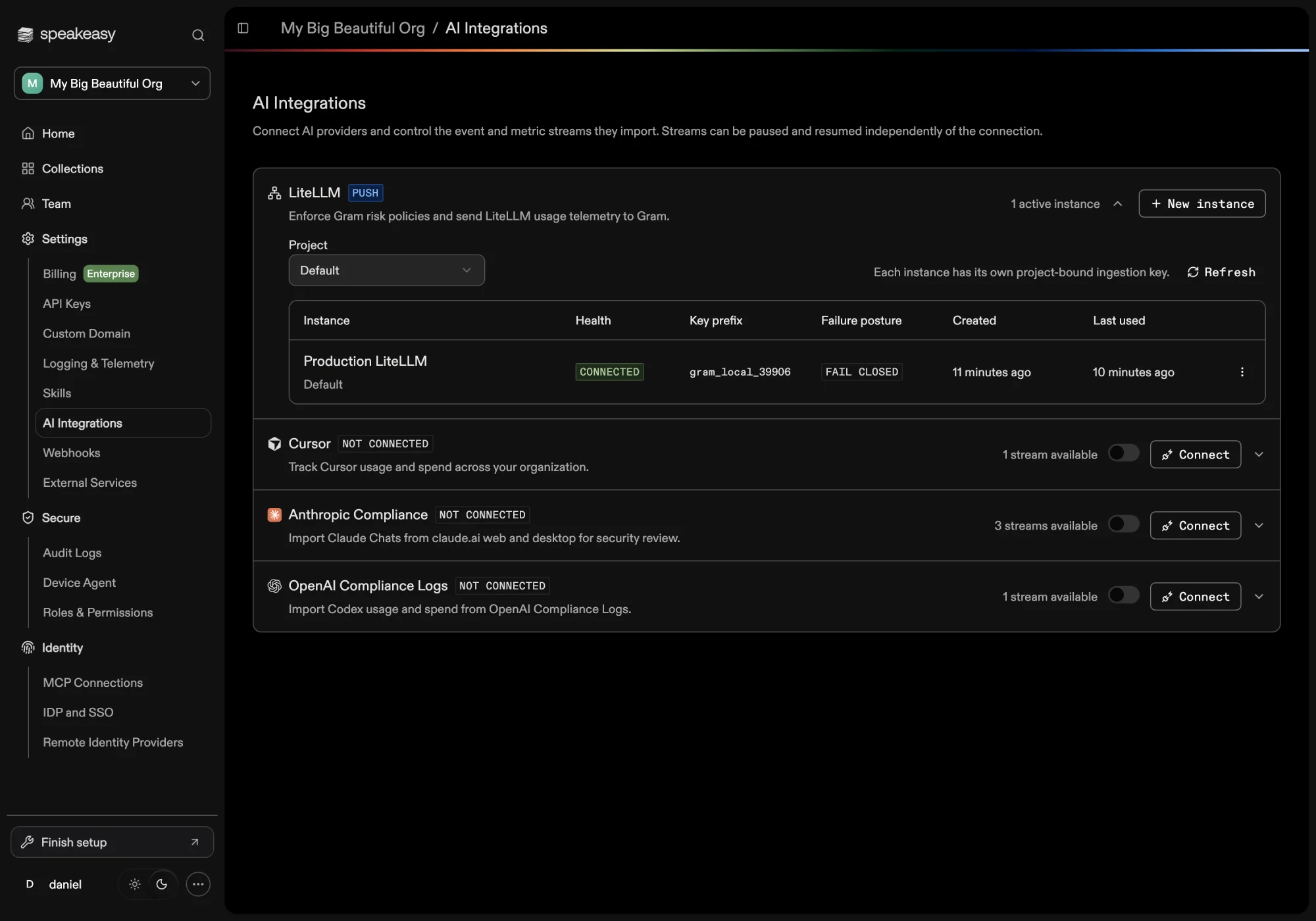 The LiteLLM section on the AI Integrations page with a connected instance in the instances table