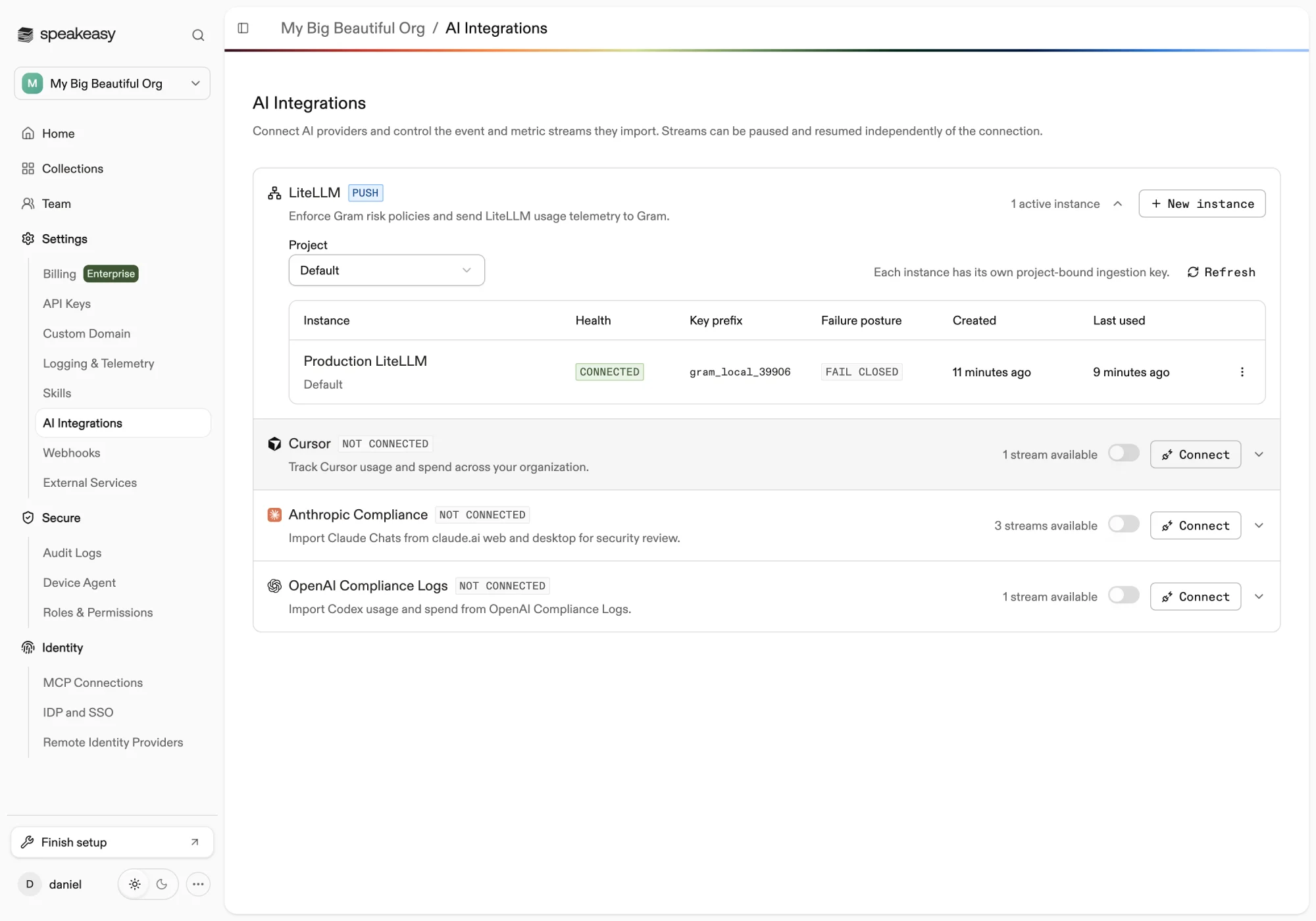 The LiteLLM section on the AI Integrations page with a connected instance in the instances table