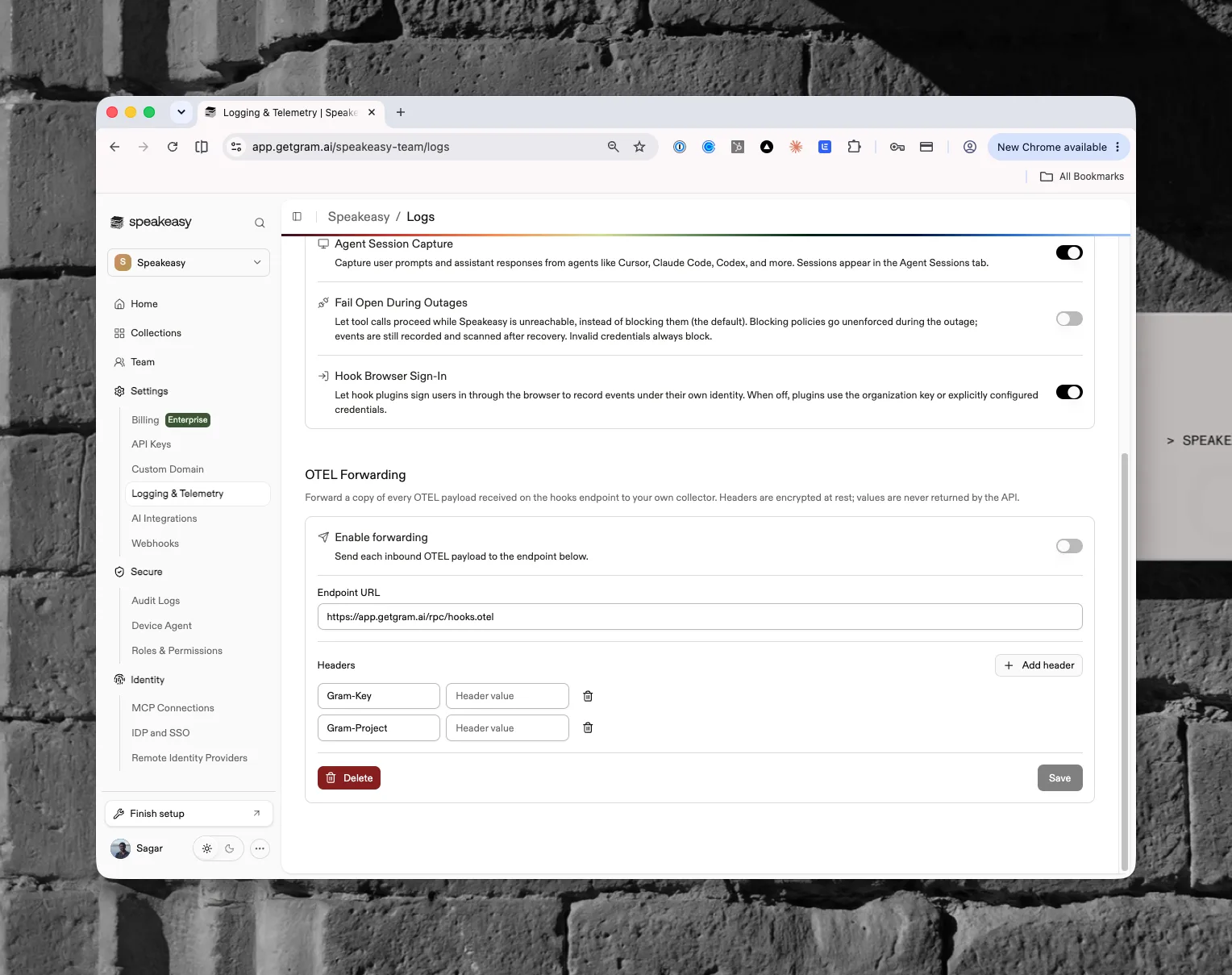 The OTEL Forwarding section with the enable toggle, endpoint URL, and custom header rows